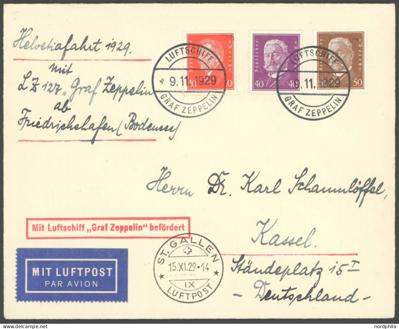 ZEPPELINPOST 50BI BRIEF, 1929, Bodenseefahrt, Bordpost Vom 9.11.1929, Irrtümlich In Frankfurt Nicht Abgegeben Und In St. - Poste Aérienne & Zeppelin