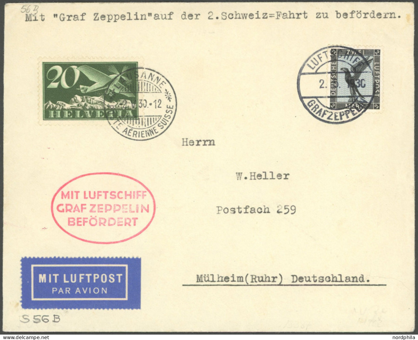 ZEPPELINPOST 56B BRIEF, 1930, Schweizfahrt, Bordpost, Brief Mit Schweizer Zusatzfrankatur, Feinst - Correo Aéreo & Zeppelin