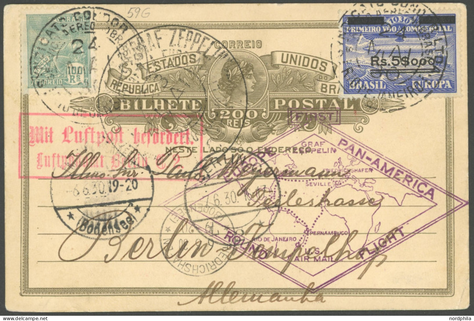 ZEPPELINPOST 59G BRIEF, 1930, Heimfahrt, Brasilianische Post, Frankiert Mit 5000 Auf 20.000 Rs., Prachtkarte - Airmail & Zeppelin