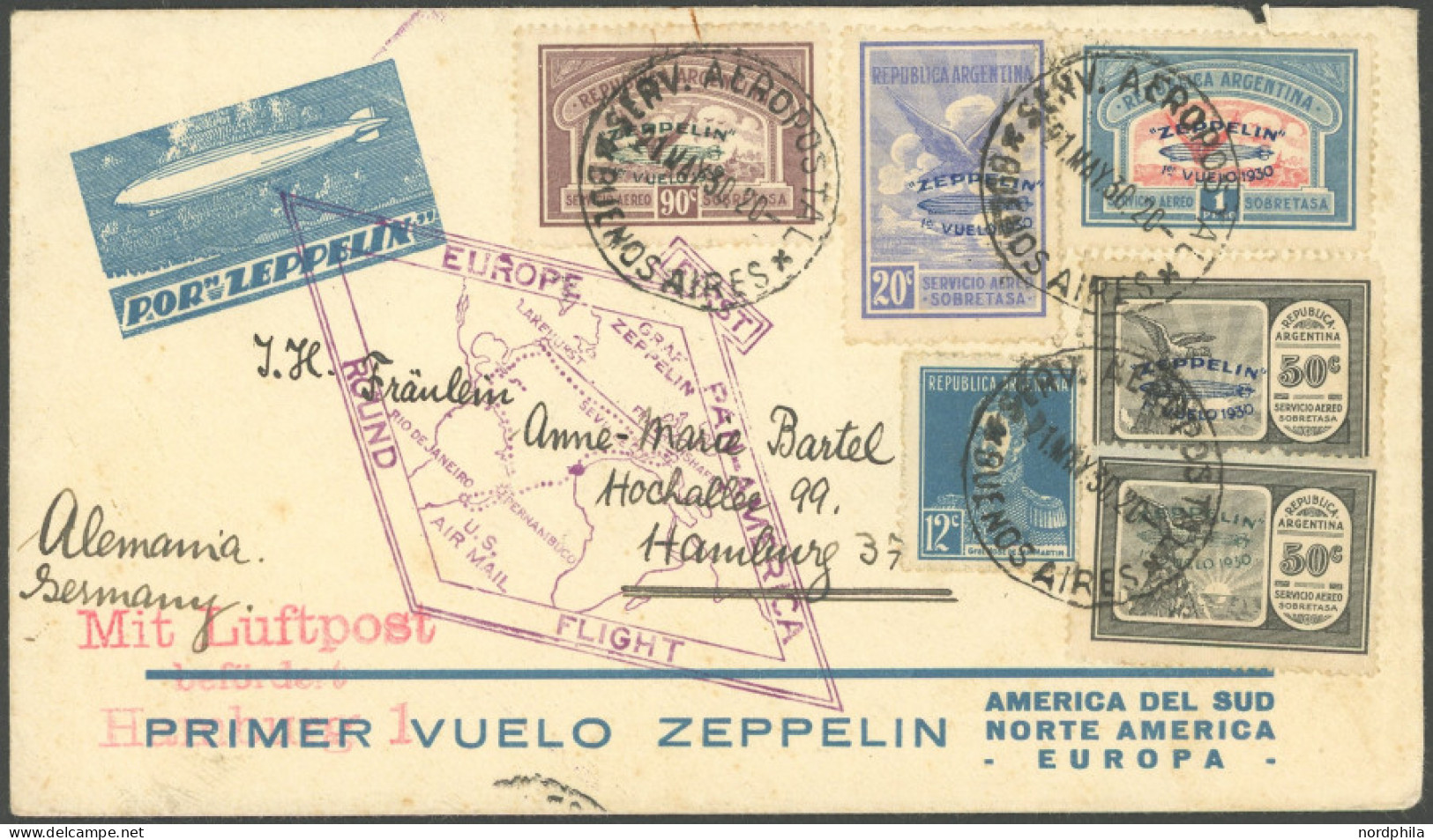 ZEPPELINPOST 63 BRIEF, 1930, Heimfahrt, Argentinische Post, Frankiert Mit 5 Aufdruckmarken, Brief Oben Leichte Öffnungsm - Luchtpost & Zeppelin