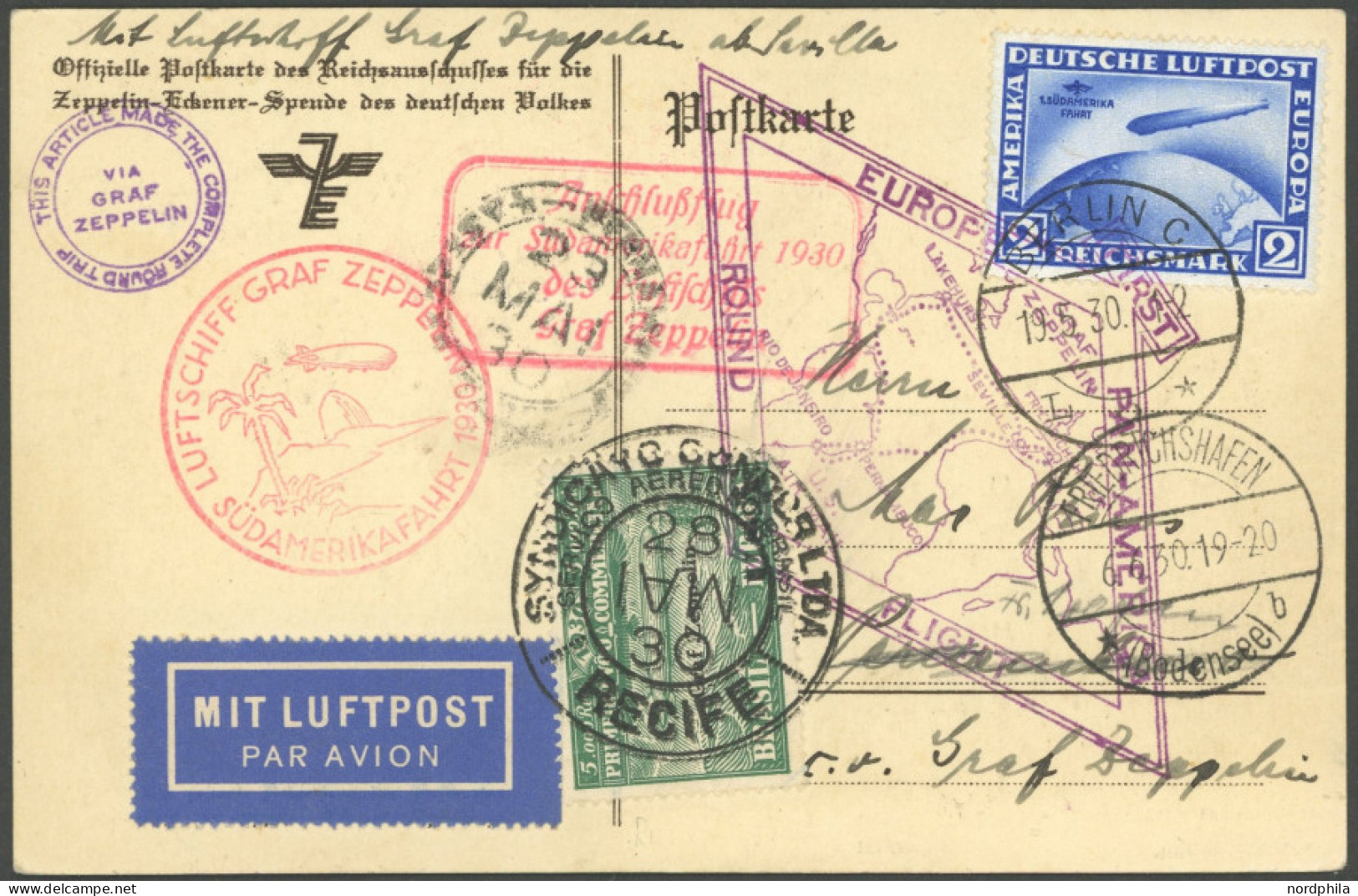 ZEPPELINPOST 64(R) BRIEF, 1930, Südamerikafahrt, Berlin - Sevilla, Mit Offiziellem Zubringerflug. Rundfahrt Ab Sevilla B - Poste Aérienne & Zeppelin