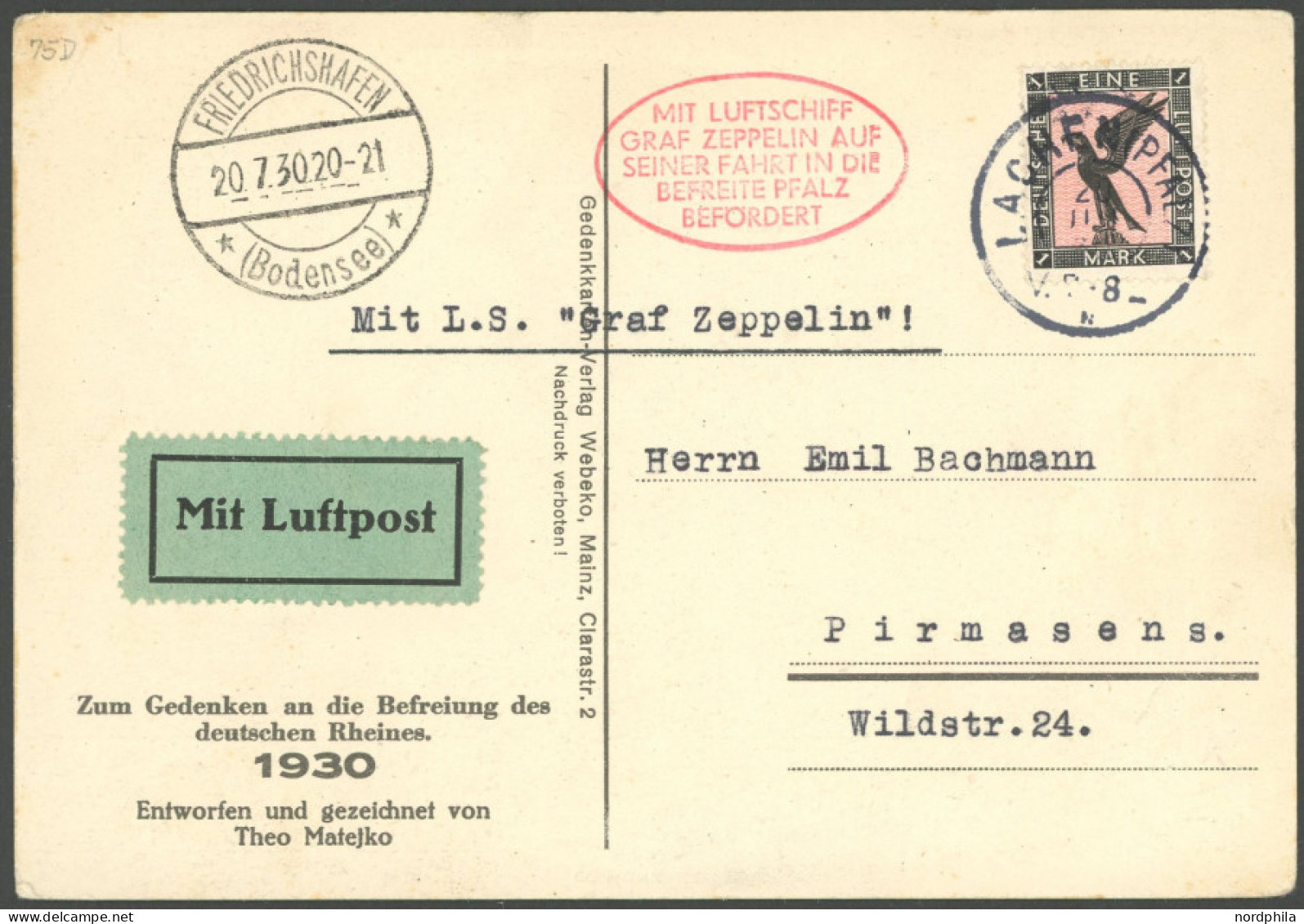 ZEPPELINPOST 75D BRIEF, 1930, Pfalzfahrt, Bordpost Der Rückfahrt, Künstlerkarte - Airmail & Zeppelin