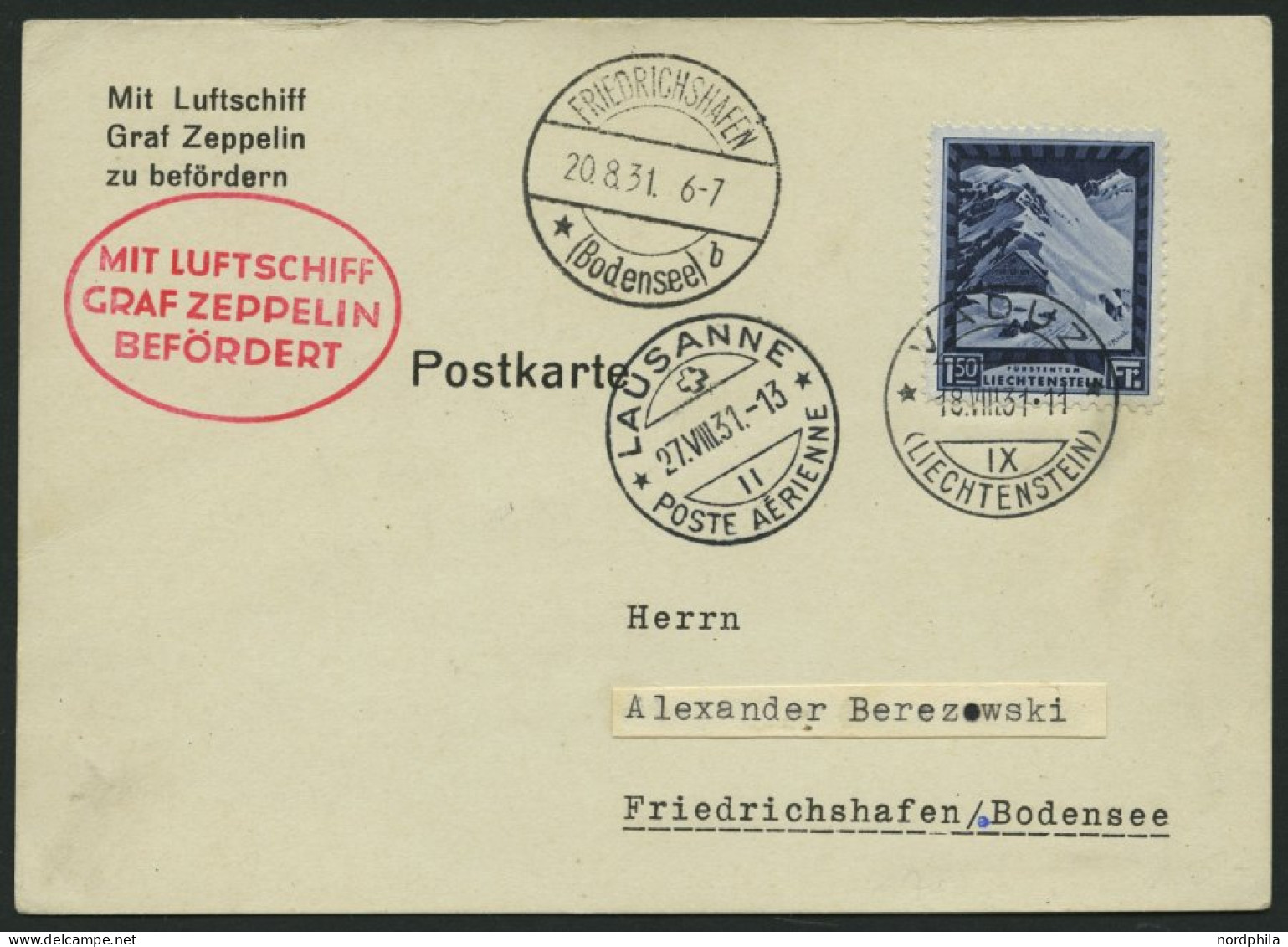 ZULEITUNGSPOST 123 BRIEF, Liechtenstein: 1931, Fahrt Nach Lausanne, Mit Einzelfrankatur Mi.Nr. 106A, Prachtkarte - Zeppelines