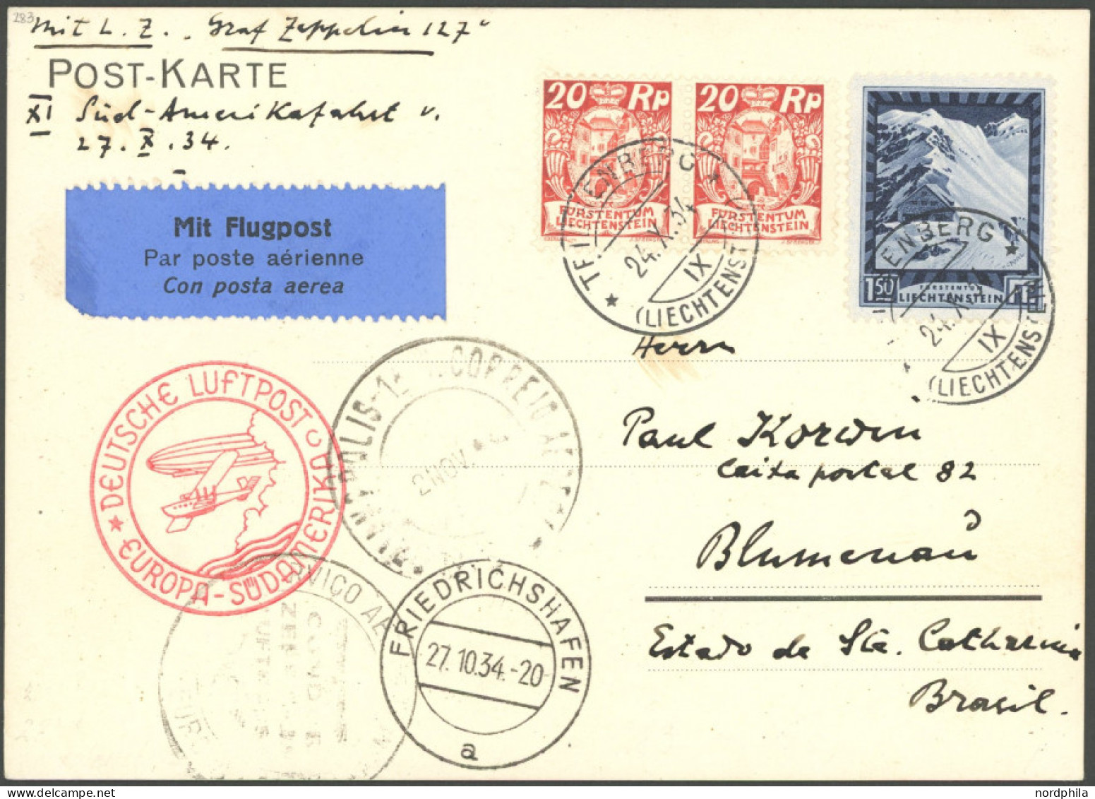 ZULEITUNGSPOST 283Aa BRIEF, Liechtenstein: 1934, 11. Südamerikafahrt, Auflieferung Friedrichshafen (c), Prachtkarte - Correo Aéreo & Zeppelin