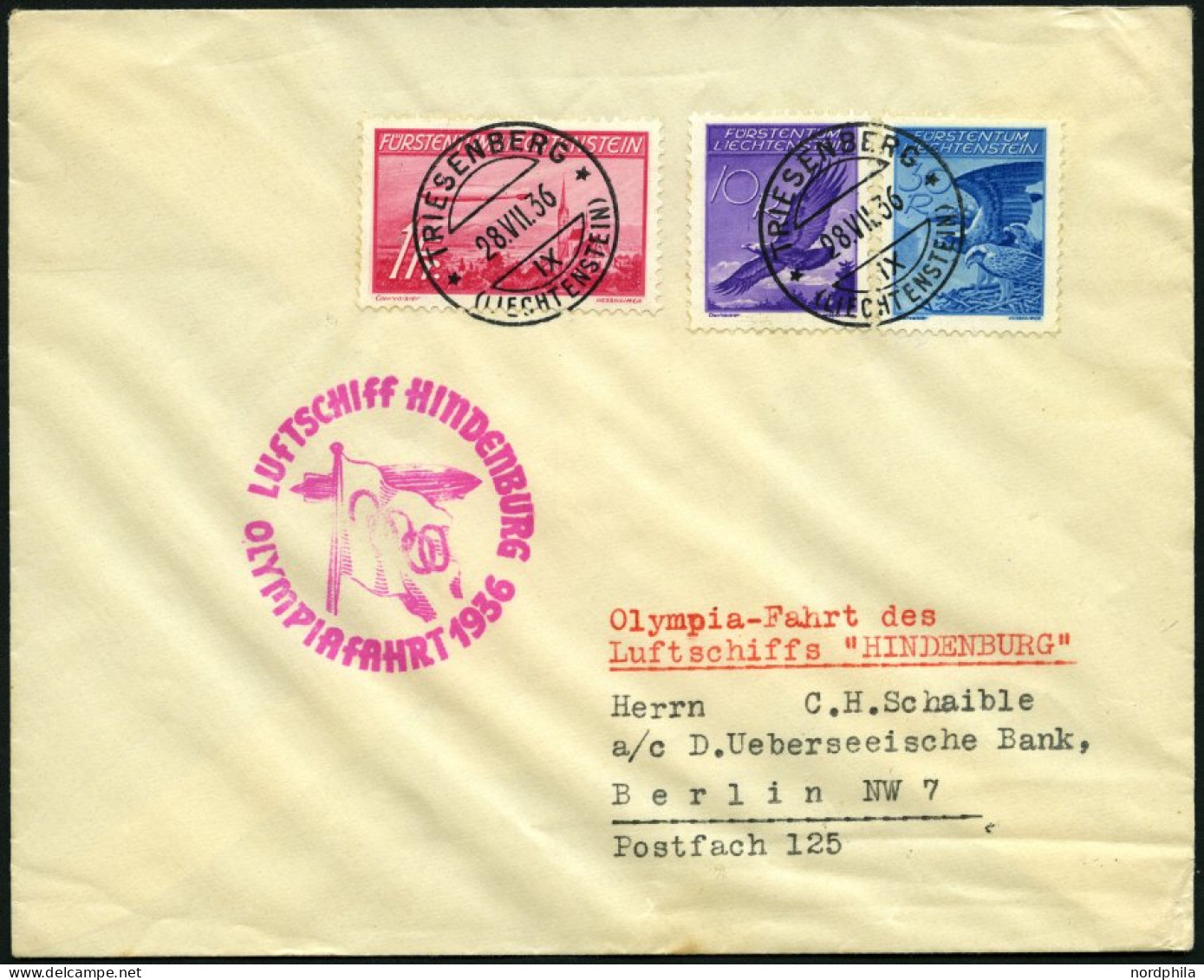 ZULEITUNGSPOST 427 BRIEF, Liechtenstein: 1936,Olympiafahrt, Frankiert U.a. Mit Mi.Nr. 149, Prachtbrief - Zeppelines