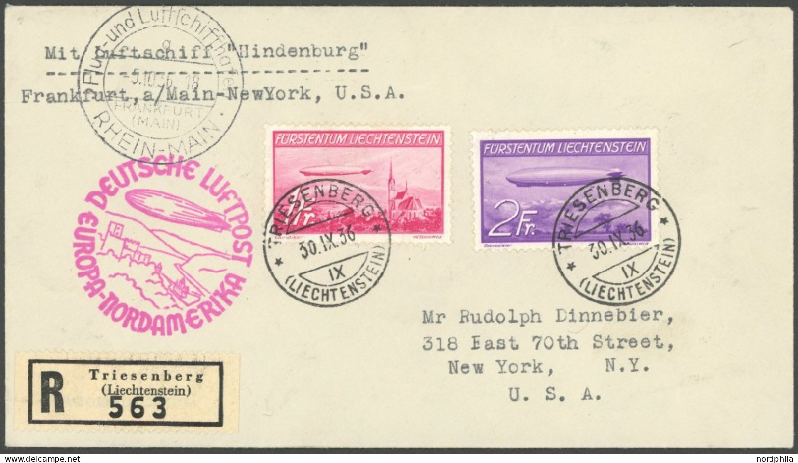 ZULEITUNGSPOST 441B BRIEF, Liechtenstein: 1936, 10. Nordamerikafahrt, Einschreibbrief, Pracht - Airmail & Zeppelin