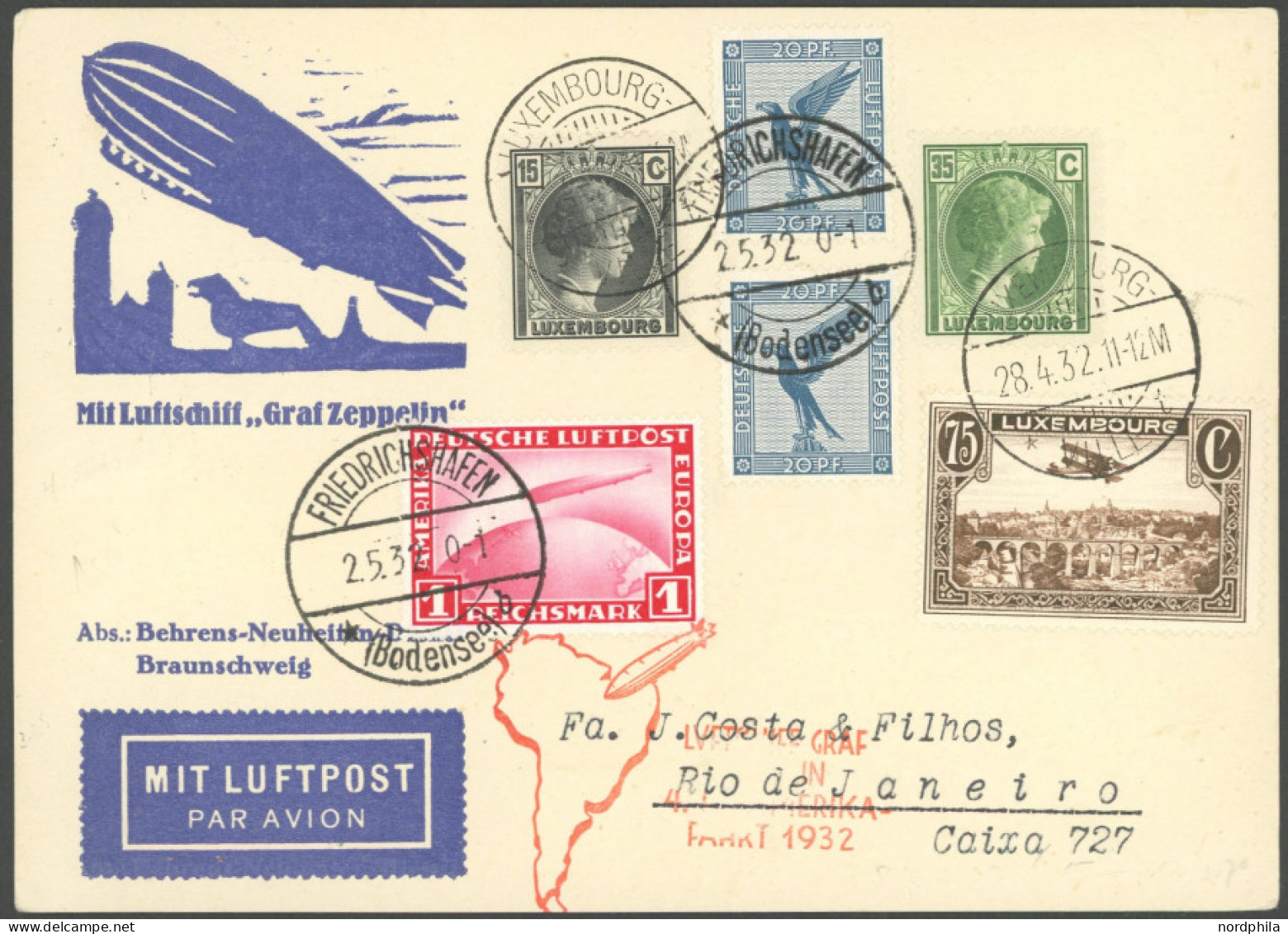 ZULEITUNGSPOST 157 BRIEF, Luxemburg: 1932, 4. Südamerikafahrt, Prachtkarte - Luft- Und Zeppelinpost
