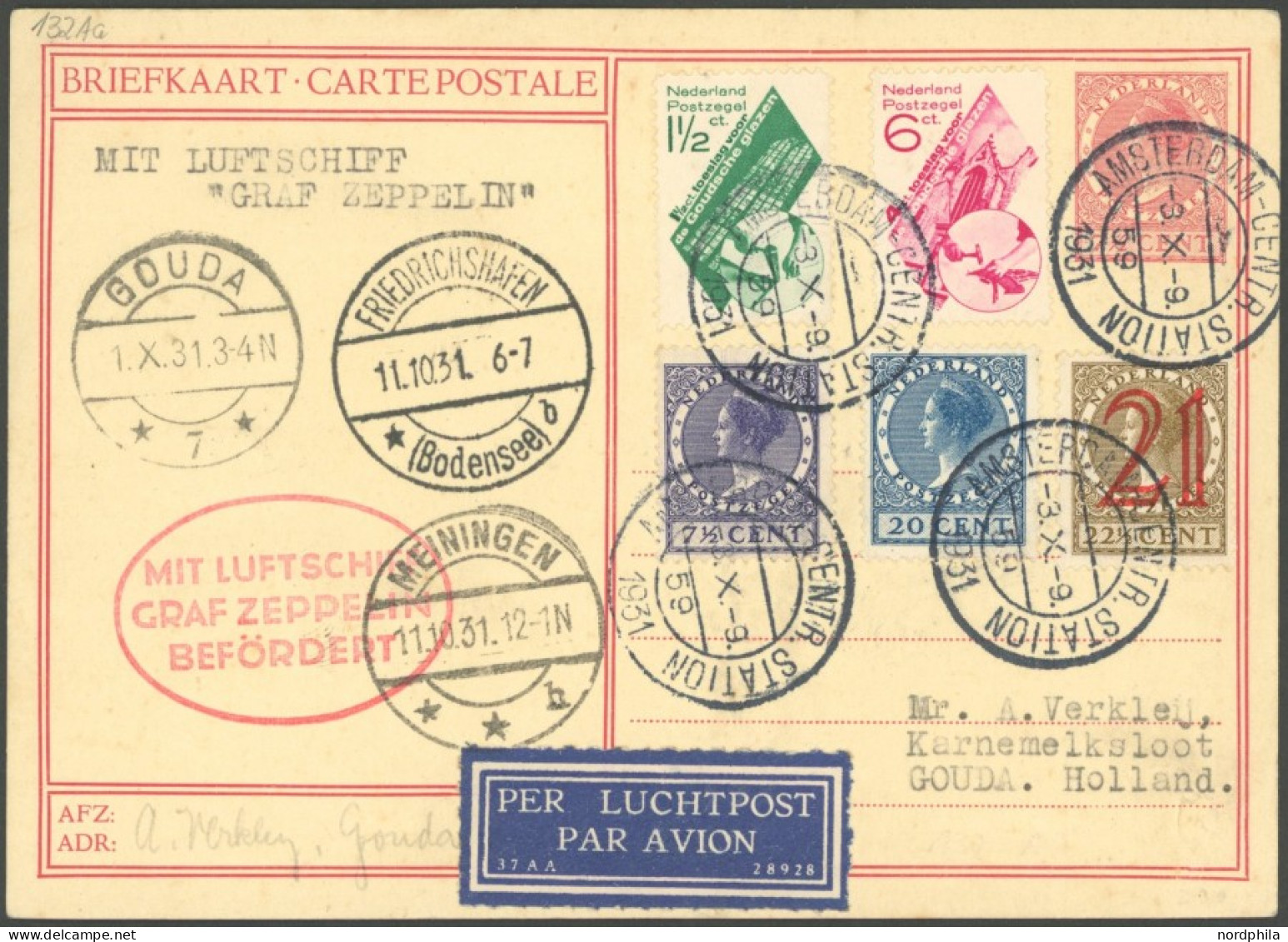 ZULEITUNGSPOST 132 BRIEF, Niederlande: 1931, Fahrt Nach Meiningen, Prachtkarte - Poste Aérienne & Zeppelin