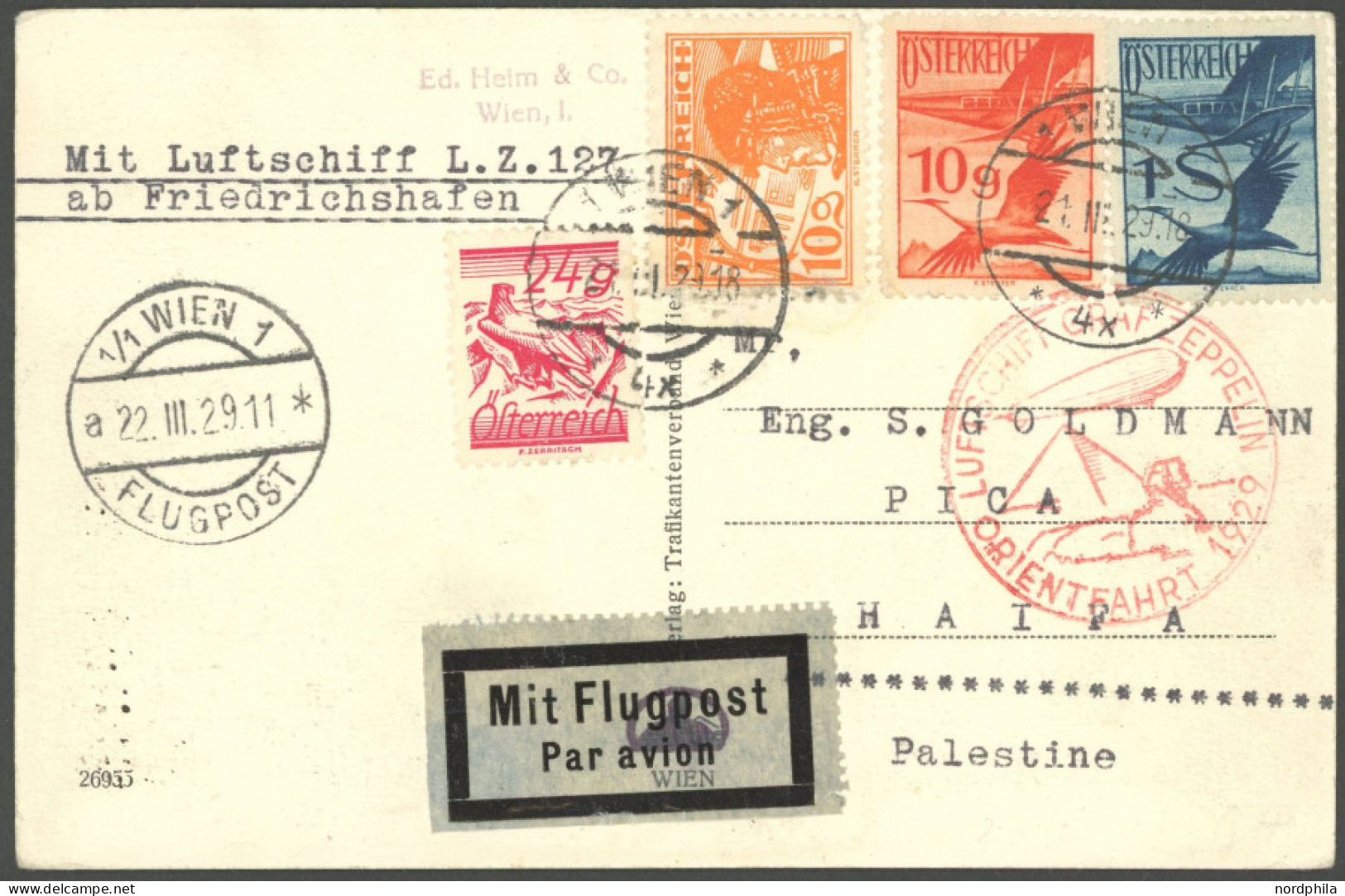 ZULEITUNGSPOST 23II BRIEF, Österreich: 1929, Orientfahrt, Stahlstempel, Prachtkarte Nach Palästina - Airmail & Zeppelin