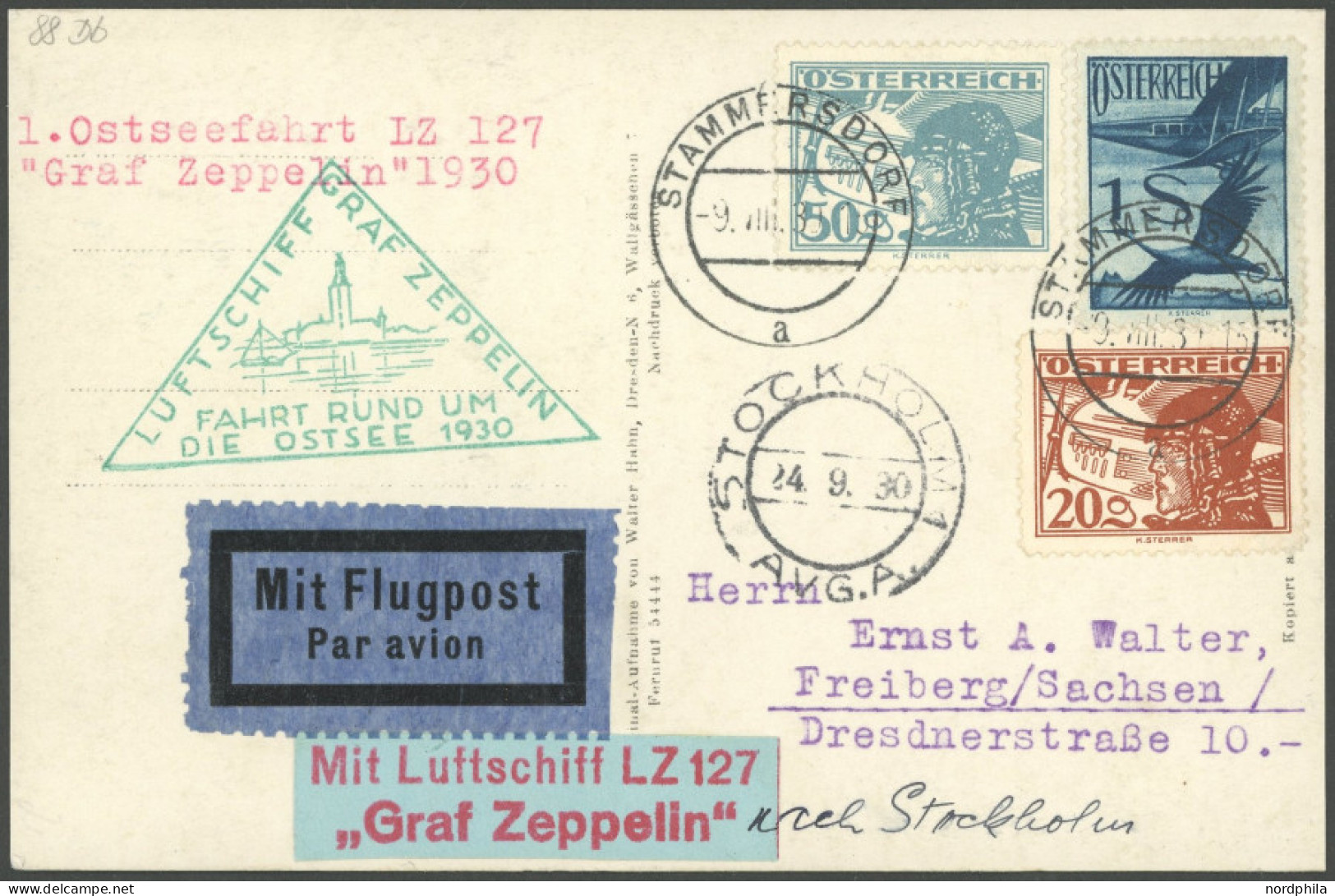 ZULEITUNGSPOST 88D BRIEF, Österreich: 1930, Ostseefahrt, Abwurf Stockholm, Aufgabe STAMMERSDORF, Prachtkarte - Luchtpost & Zeppelin