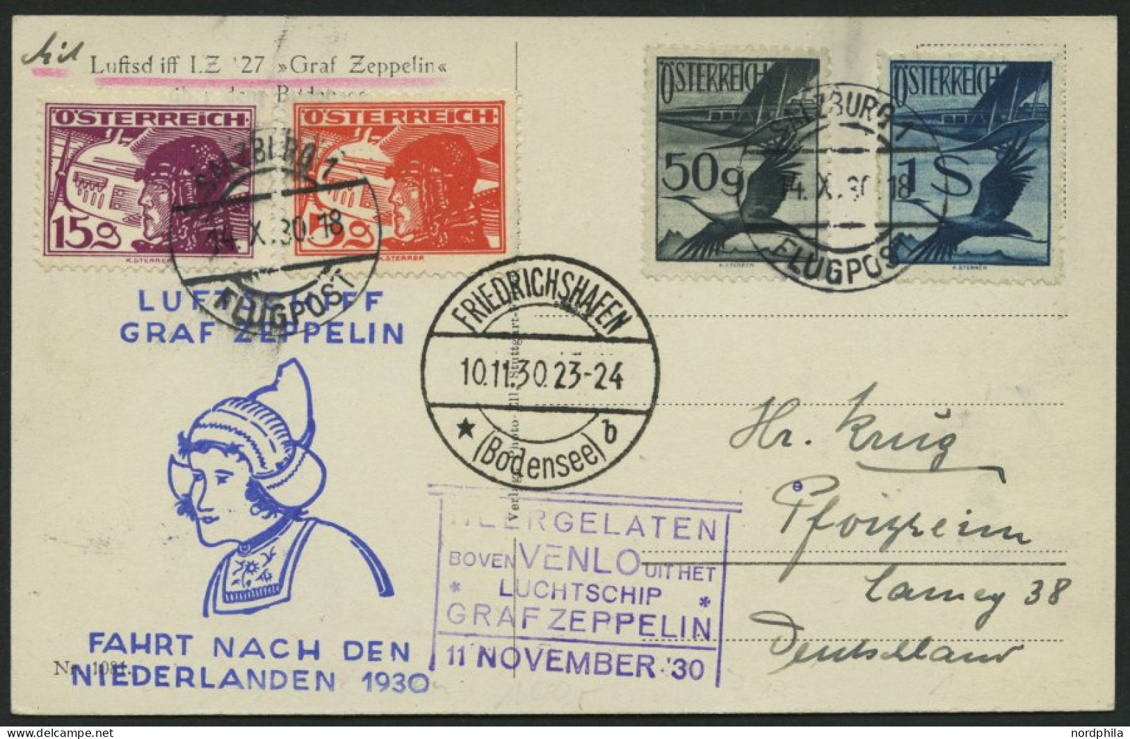 ZULEITUNGSPOST 98 BRIEF, Österreich: 1930, Hollandfahrt, Aufgabestempel Salzburg 1. Flugpost, Prachtkarte - Zeppelines