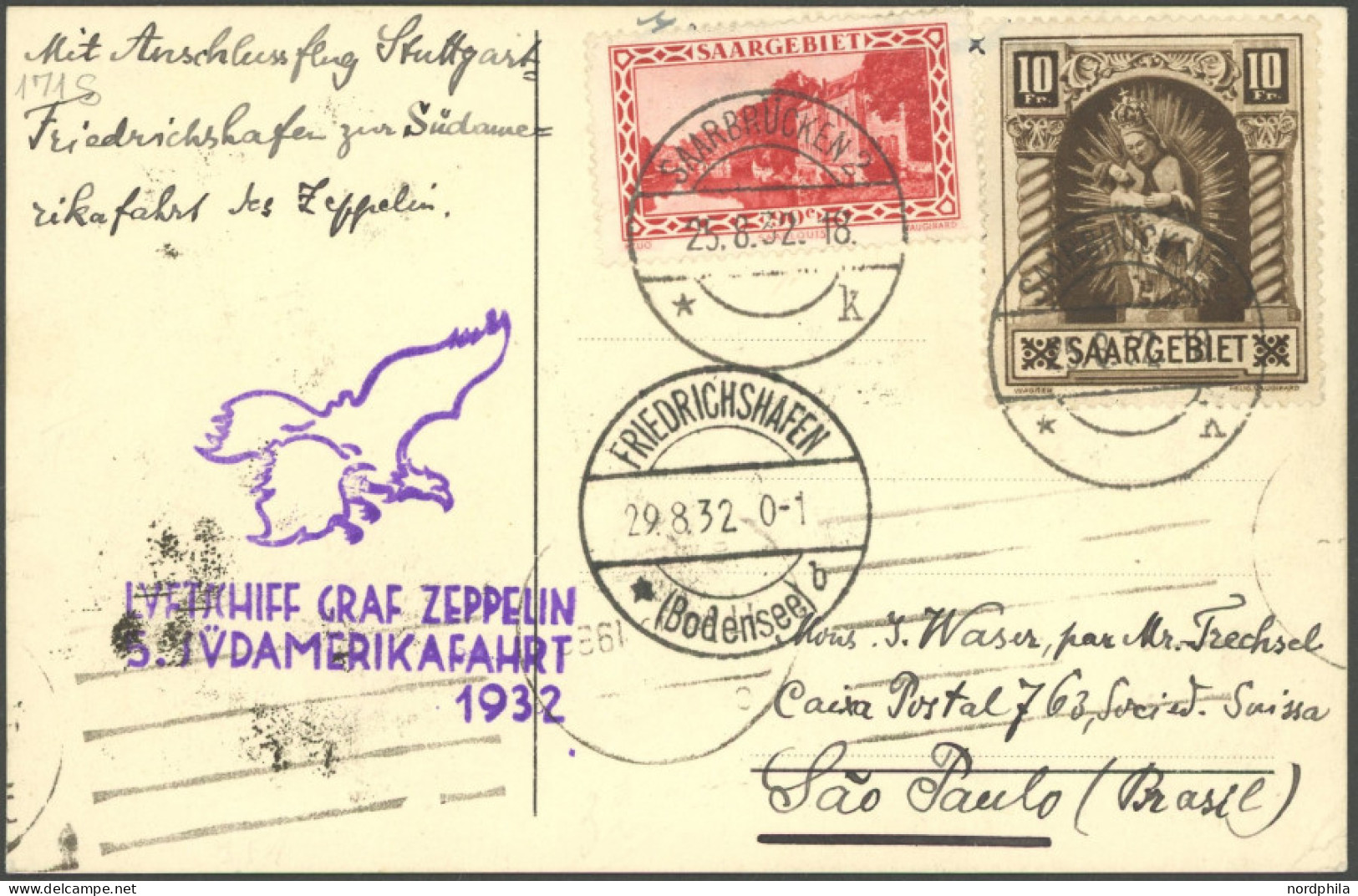 ZULEITUNGSPOST 171 BRIEF, Saargebiet: 1932, 5. Südamerikafahrt, Prachtkarte - Correo Aéreo & Zeppelin