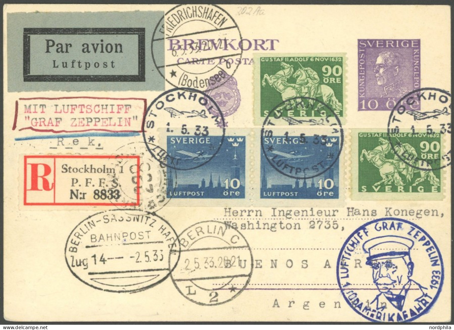 ZULEITUNGSPOST 202 BRIEF, Schweden: 1933, 1. Südamerikafahrt, Private Einschreibkarte Mit 4 Mk. Buntfrankatur, Bahnposts - Luft- Und Zeppelinpost