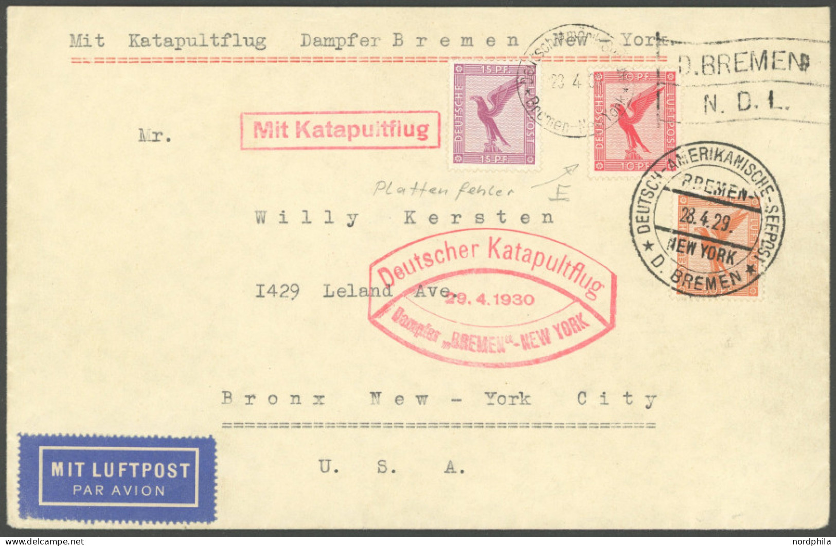 KATAPULTPOST 10b BRIEF, 29.4.1930, Bremen - New York, Seepostaufgabe, U.a. Mi.Nr. 379 Mit Plattenfehler, Brief Rückseiti - Airmail & Zeppelin