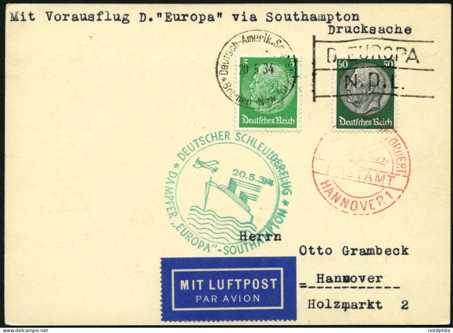 KATAPULTPOST 152c BRIEF, 20.5.1934, &quot,Europa&quot, - Southampton, Deutsche Seepostaufgabe, Prachtkarte - Lettres & Documents