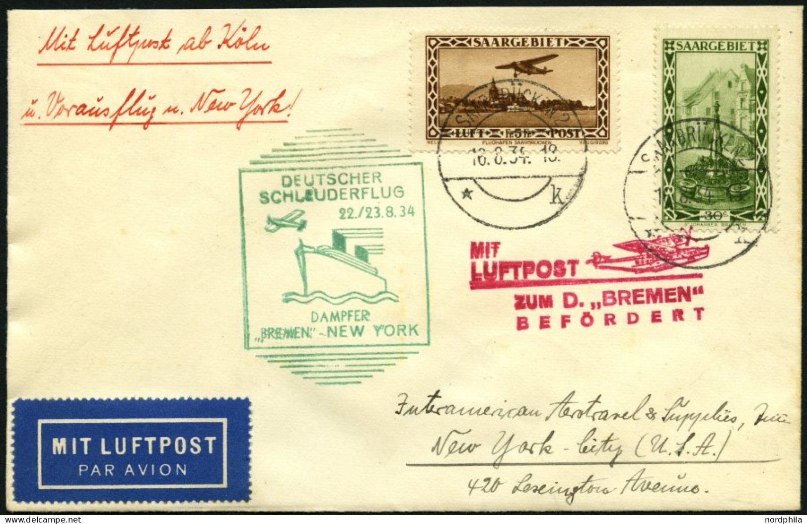 KATAPULTPOST 173Sr BRIEF, Saargebiet: 22.8.1934, &quot,Bremen&quot, - New York, Nachbringeflug, Mit Guter Frankatur, U.a - Covers & Documents