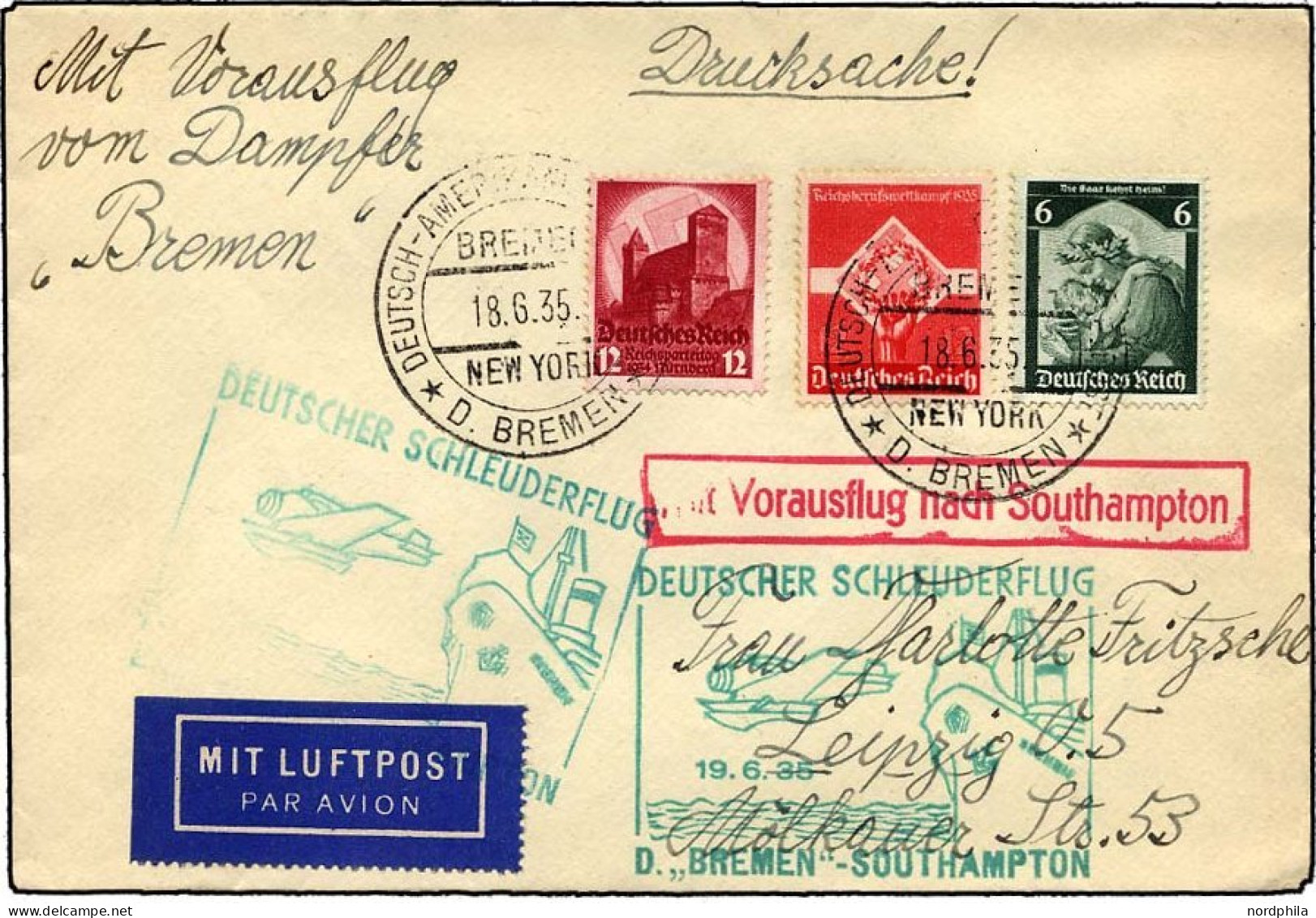 KATAPULTPOST 194c BRIEF, 19.6.1935, Bremen - Southampton, Deutsche Seepostaufgabe, Drucksache, Pracht - Briefe U. Dokumente