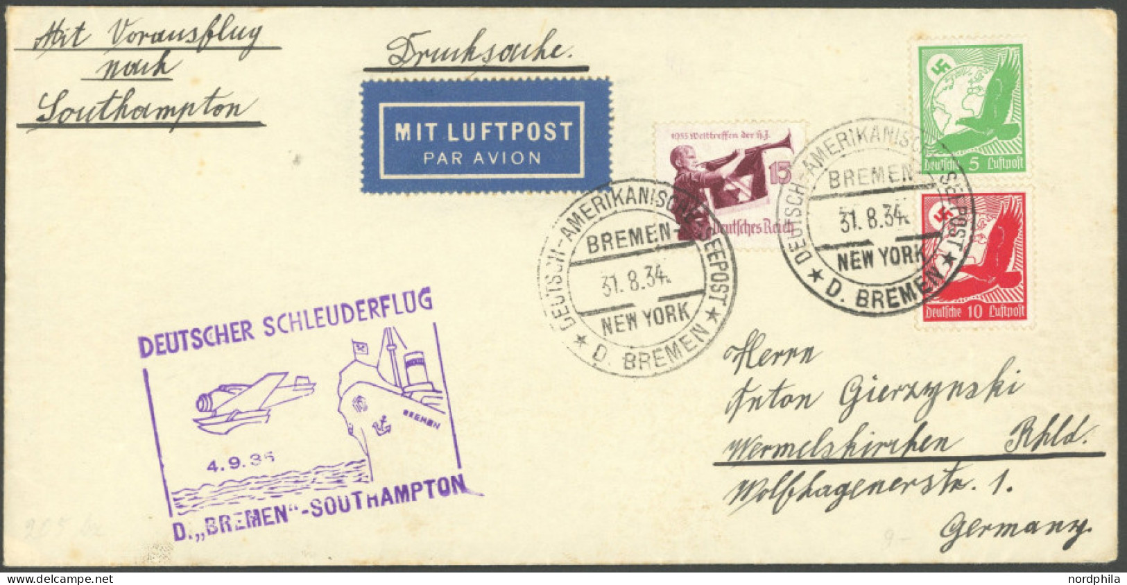 KATAPULTPOST 210c BRIEF, 4.9.1935, Bremen - Southampton, Deutsche Seepostaufgabe, Prachtbrief - Correo Aéreo & Zeppelin