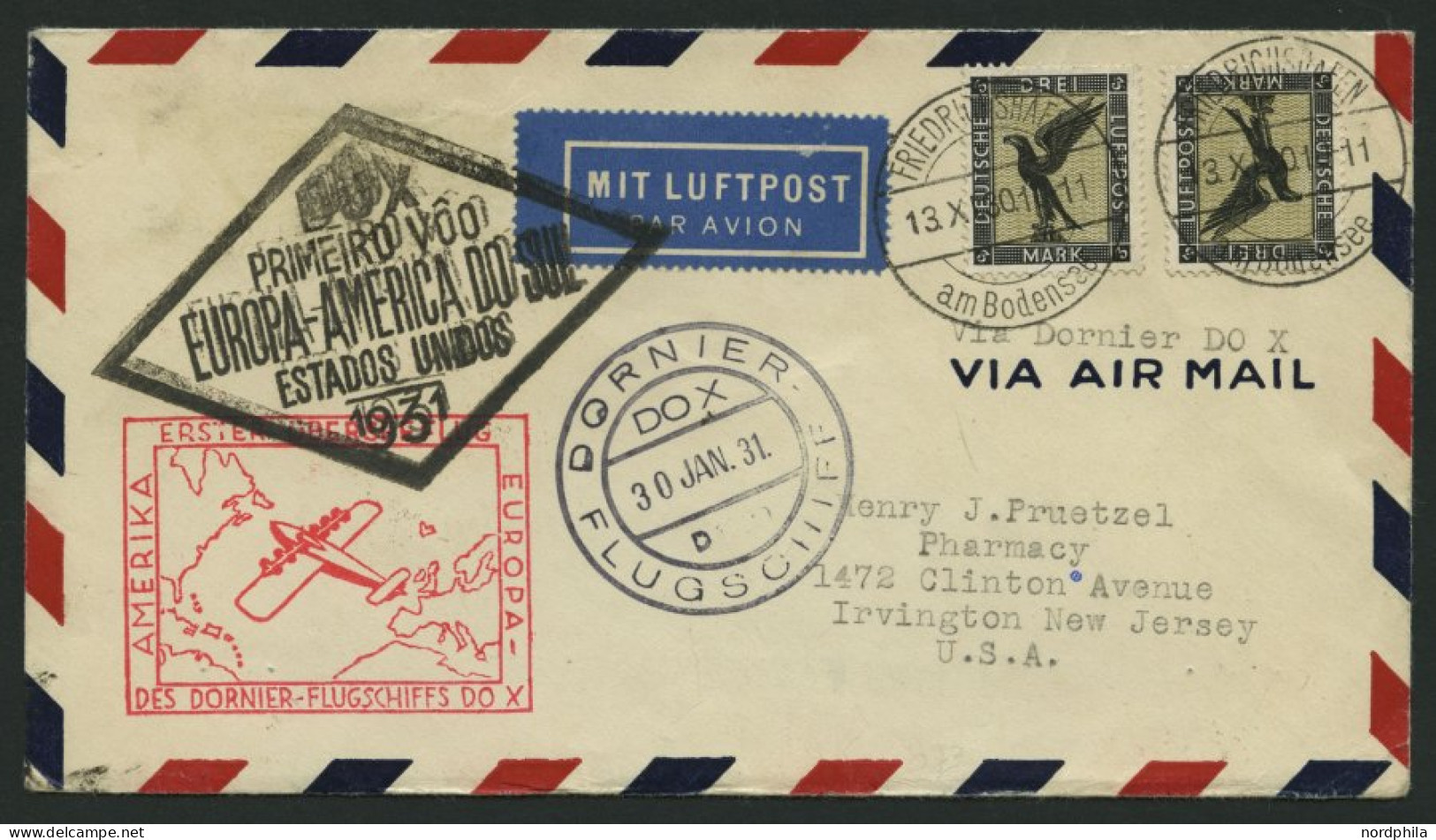 DO-X LUFTPOST 7.b. BRIEF, 13.11.1930, Aufgabe Friedrichshafen, Via Rio Nach Nordamerika, Mit Seltener Mehrfachfrankatur  - Brieven En Documenten