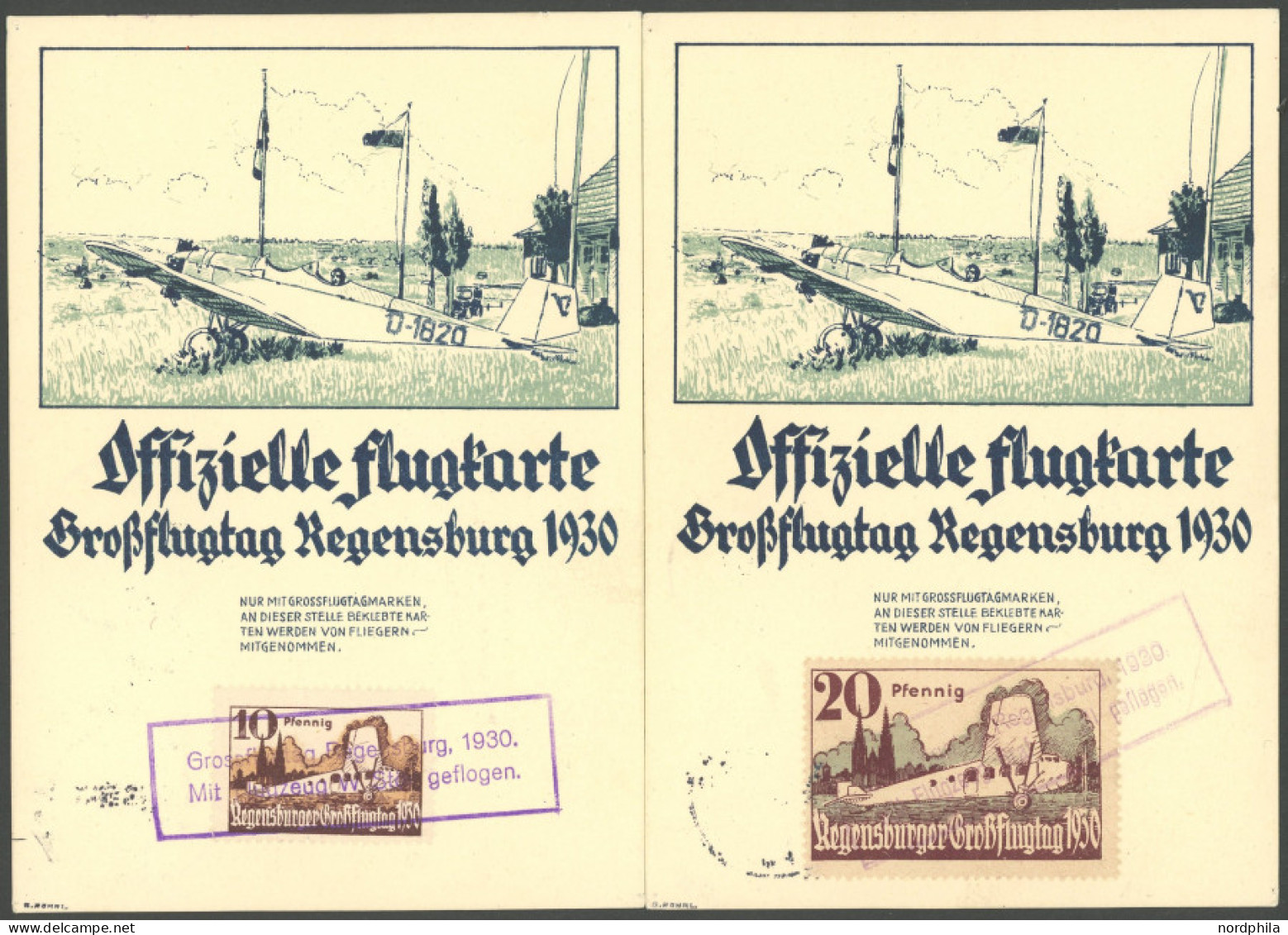 HALBAMTLICHE FLUGMARKEN 18a,19b BRIEF, 1930, 10 Und 20 Pf. Regensburger Großflugtag, 2 Sonderpostkarten Mit Beförderungs - Aviones