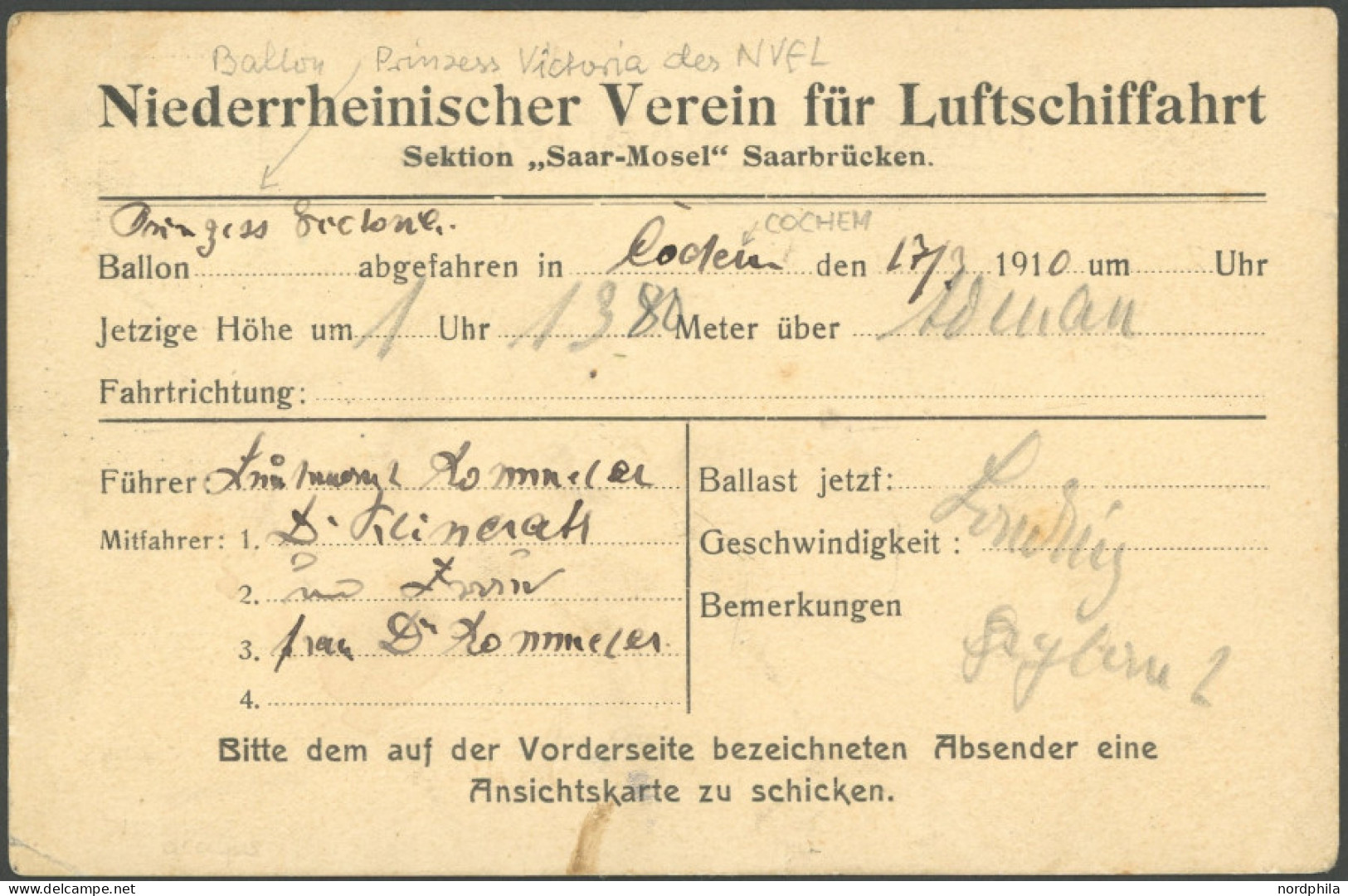 BALLON-FAHRTEN 1897-1916 17.7.1910, Niederrheinischer Verein Für Luftschifffahrt: Sektion Saar-Mosel Saarbrücken, Ballon - Aviones