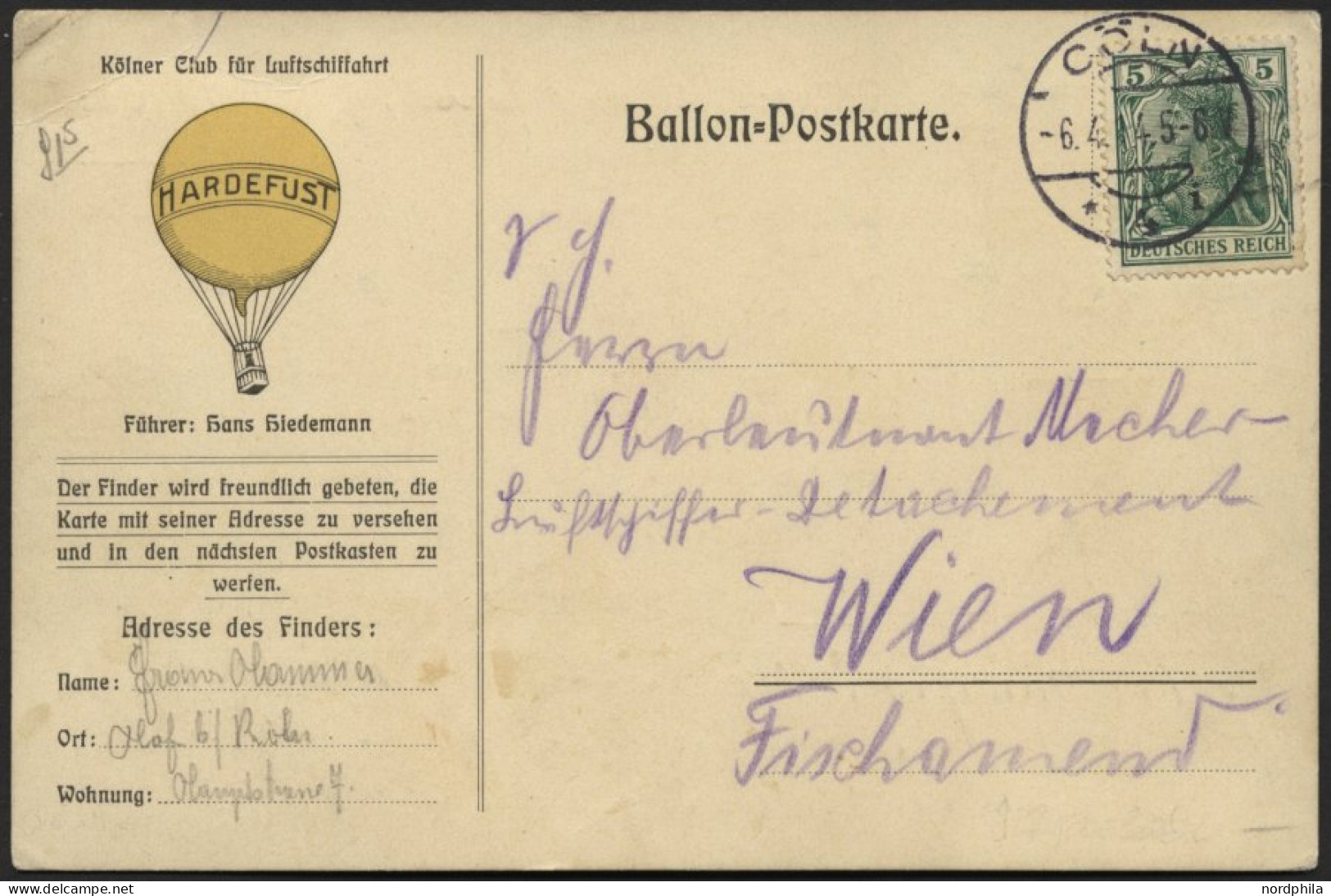 BALLON-FAHRTEN 1897-1916 5.4.1914, Kölner Club Für Luftschiffahrt, Abwurf Vom Ballon HARDEFUST, Postaufgabe In Cöln Am 6 - Montgolfier