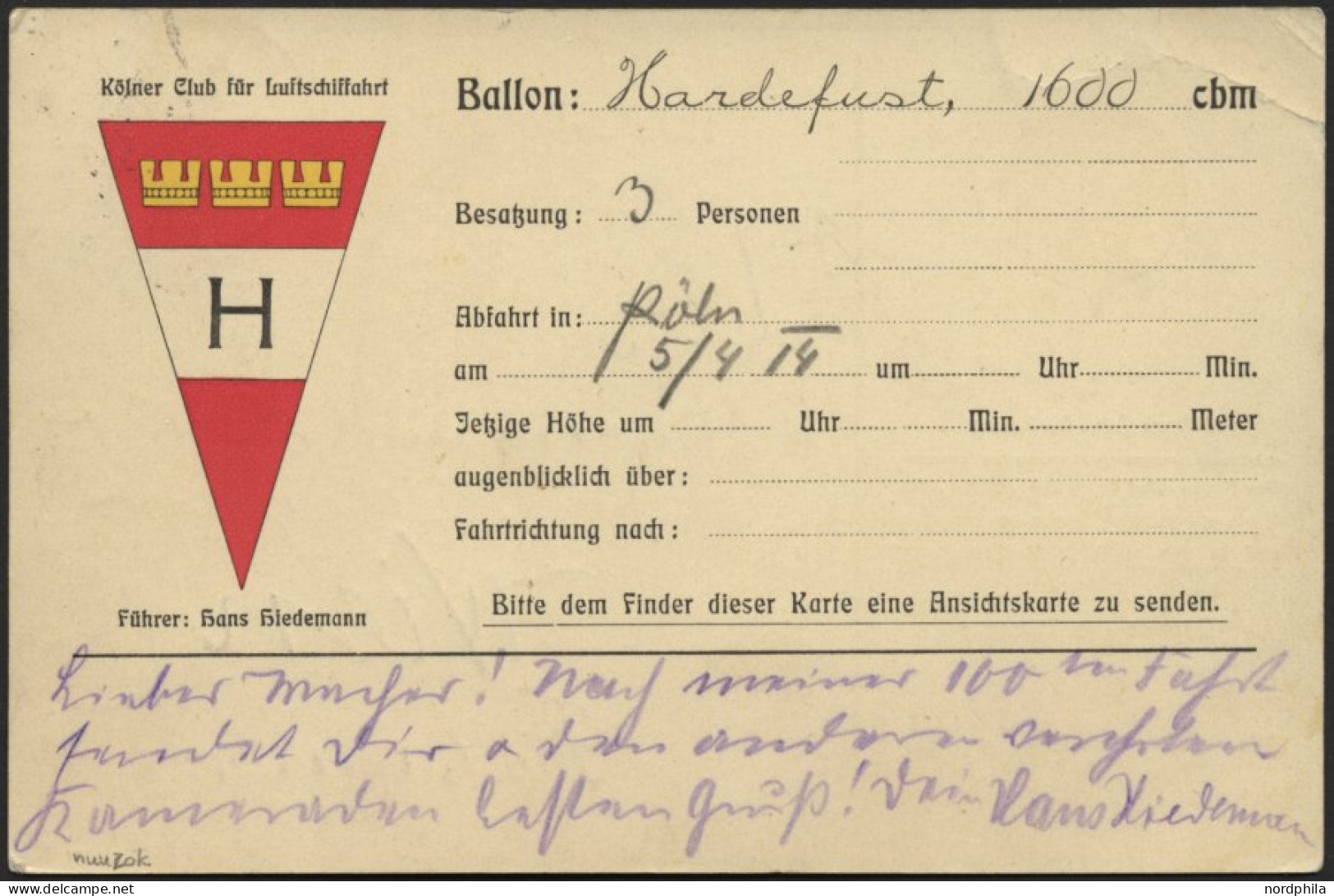 BALLON-FAHRTEN 1897-1916 5.4.1914, Kölner Club Für Luftschiffahrt, Abwurf Vom Ballon HARDEFUST, Postaufgabe In Cöln Am 6 - Luchtballons