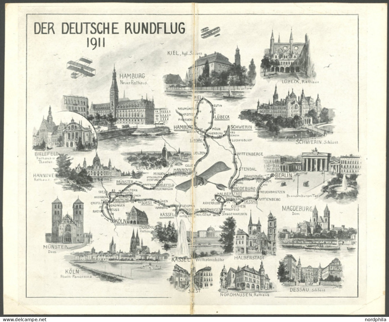 PIONIERFLUGPOST 1909-1914 1911, Deutscher Rundflug, Gesamtstrecke Als Ungebrauchte Drucksachen-Faltkarte!, Mit Allen Tag - Aviones