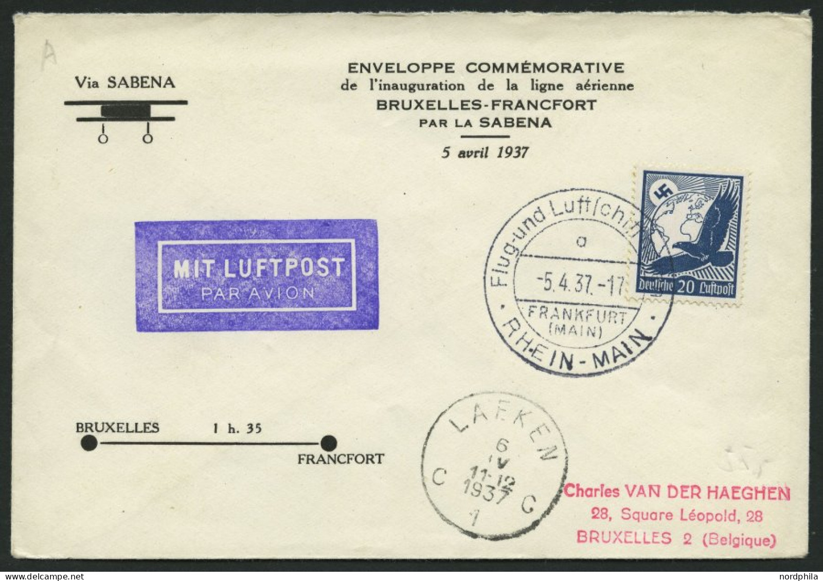 ERST-UND ERÖFFNUNGSFLÜGE 37.5.01 BRIEF, 5.4.1937, Frankfurt/M.-Brüssel, Sonderumschlag, Pracht - Zeppelins