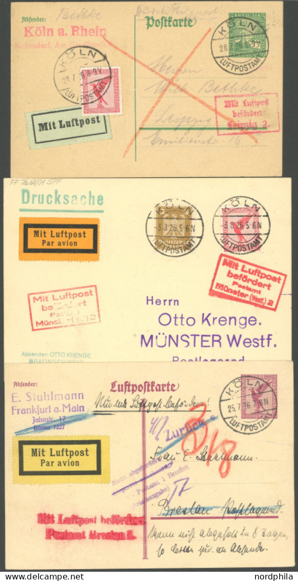 LUFTPOST-GANZSACHEN 1926, Köln Luftpostamt: 3 Interessante Belege, Dabei 2 Ganzsachen U.a. 168, Mit Stempeln Mit Luftpos - Luft- Und Zeppelinpost