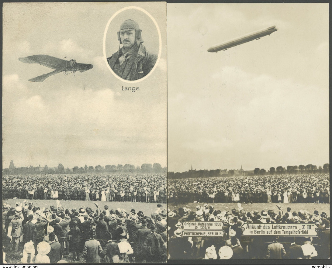 ALTE ANSICHTSKARTEN 1914, Ansichtskarten-Kuriosum: 1909 Zeppelin-Karte Und 1911 Flugkarte Mit Identischer Menschenmenge, - Autres & Non Classés