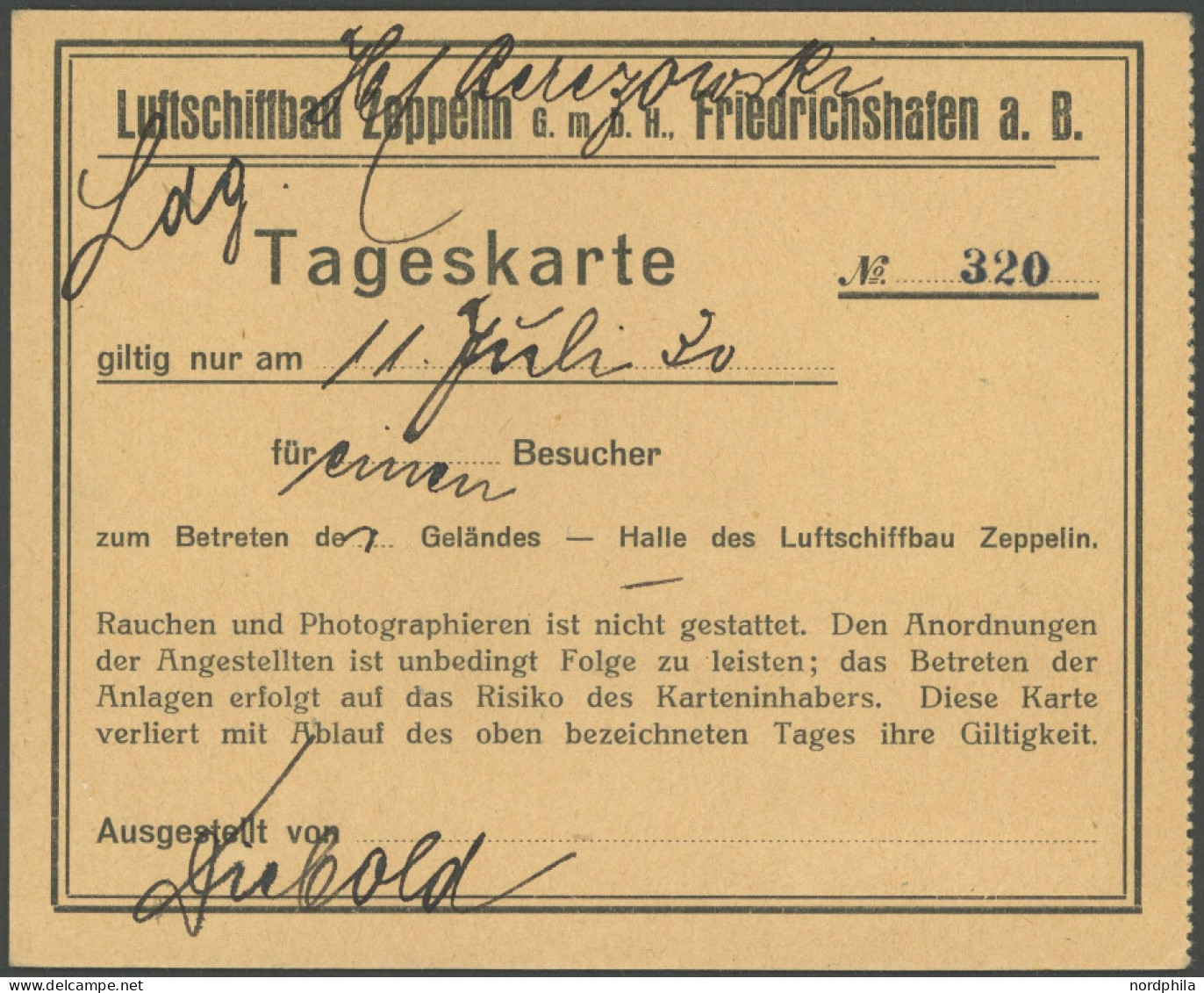 ALTE ANSICHTSKARTEN 11.7.1930, Tageskarte Nr. 320 Zur Besichtigung Der Luftschiffhallen In Friedrichshafen Für Einen Bes - Otros & Sin Clasificación