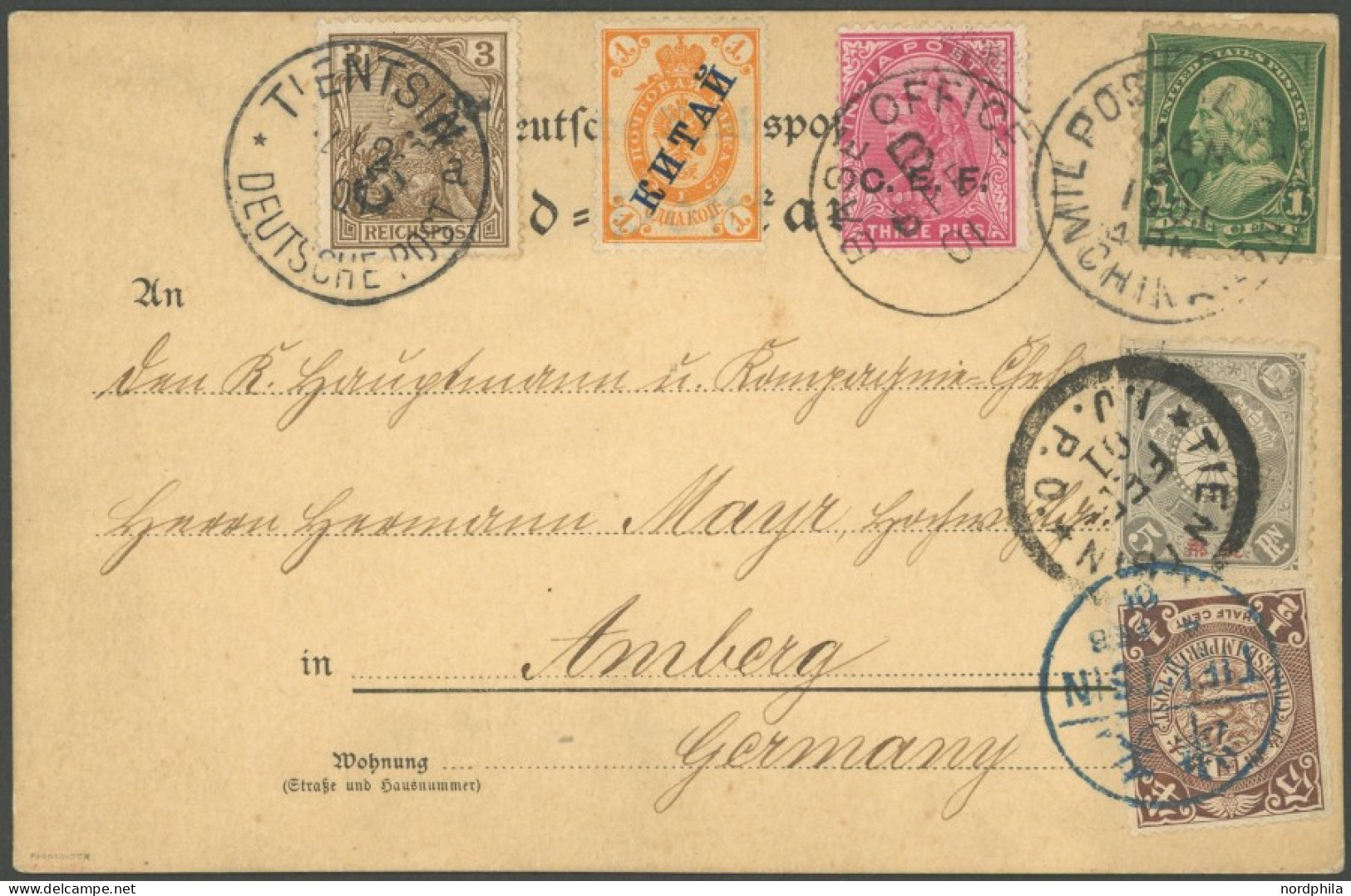 DP CHINA 8 BRIEF, 1901, 3 Pf. Handstempelaufdruck Mit Stempel TIENTSIN A 21.2.01 Auf Karte Aus Paotingfu Nach Amberg Mit - China (offices)