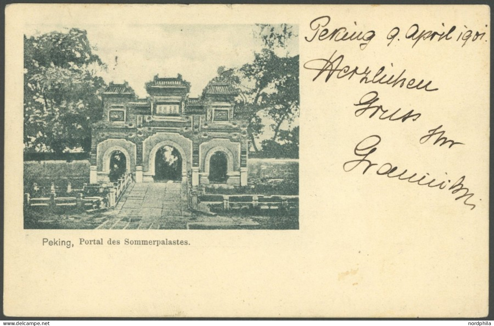 DP CHINA P Vc BRIEF, Petschili: 1910, 10 Pf. Reichspost Mit Stempel PEKING 9.4.01 Auf Ansichtskarte Nach Ungarn, Pracht - Deutsche Post In China