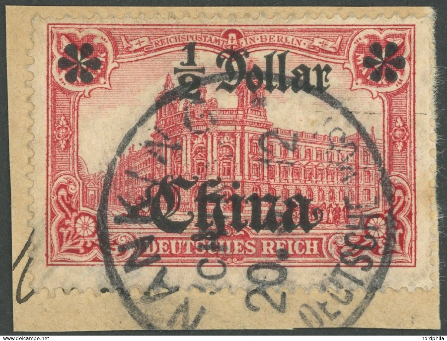 DP CHINA 44IAI BrfStk, 1906, 1/2 D. Auf 1 M., Mit Wz., Friedensdruck, Abstand 9 Mm, Stempel NANKING, Prachtbriefstück - China (oficinas)