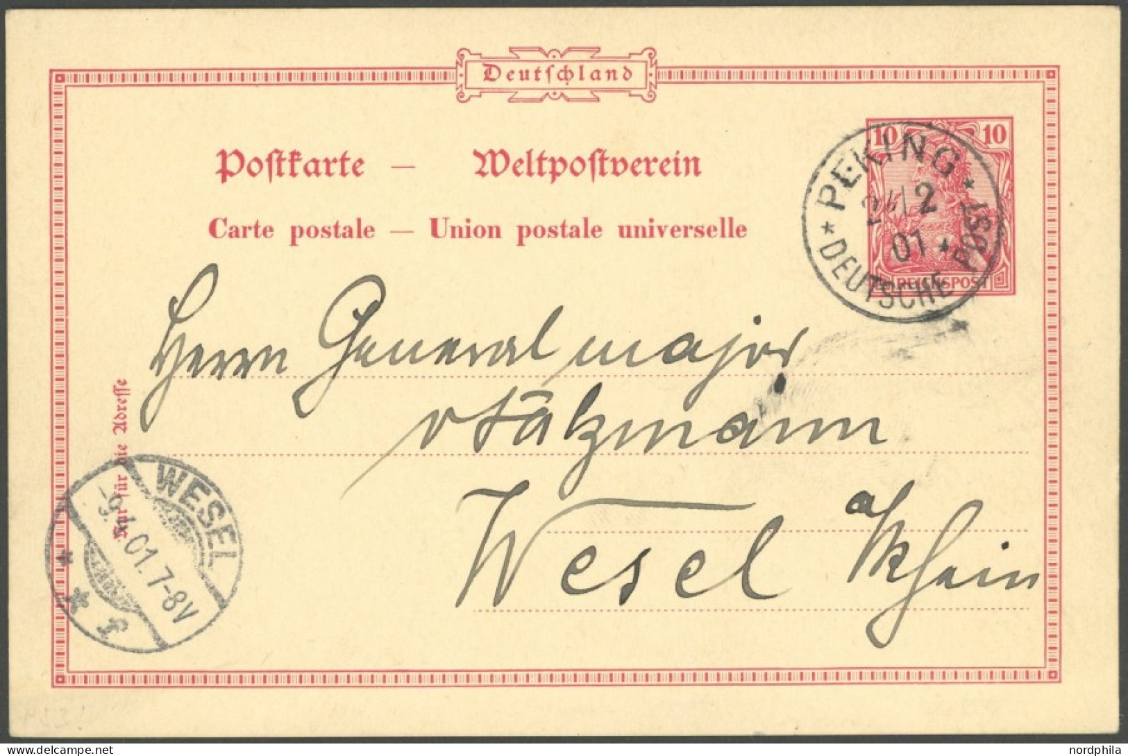 DP CHINA AP 53 BRIEF, Petschili: 1901, 10 Pf. Reichspost - Ganzsachenkarte Mit Stempel PEKING 24.2.01 Nach Wesel, Pracht - China (oficinas)