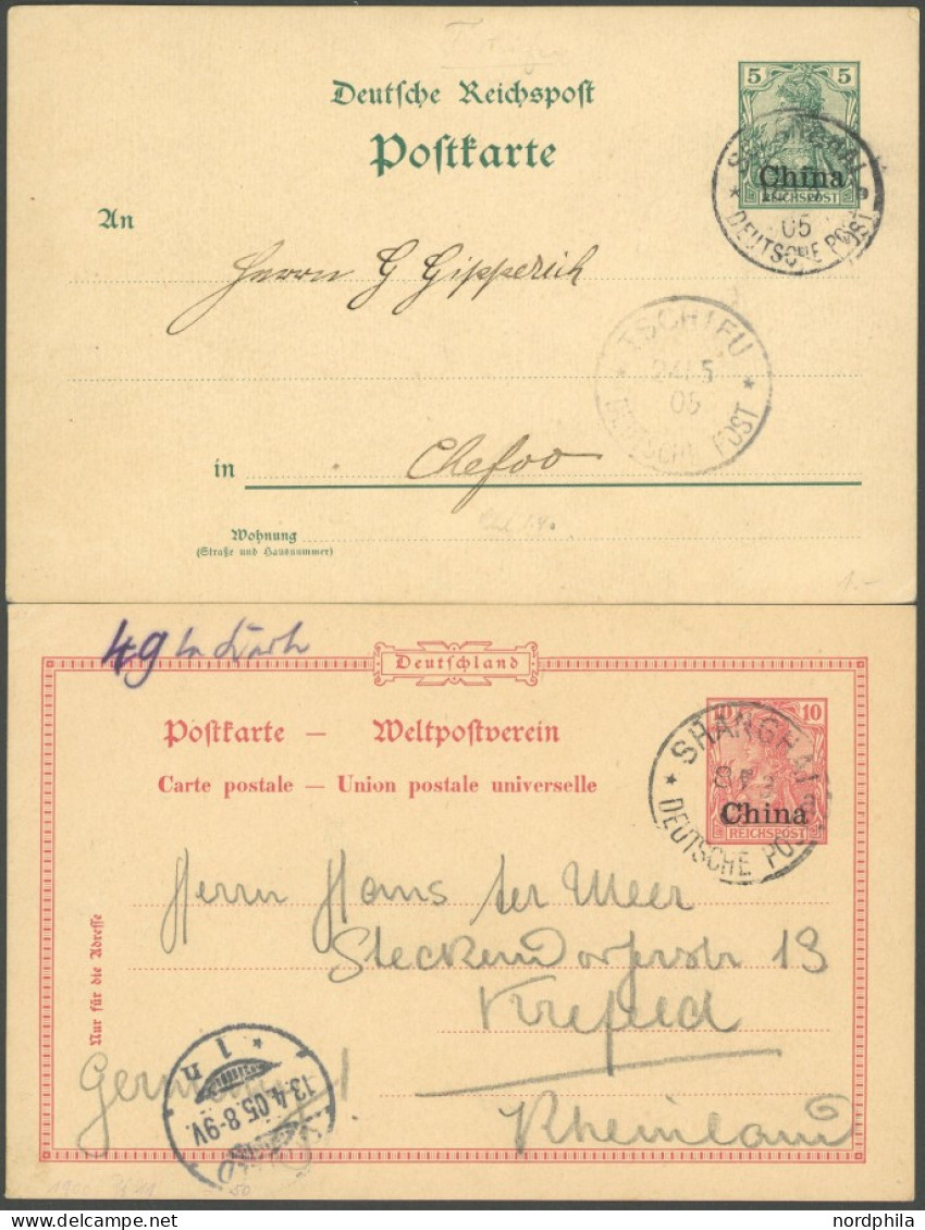 DP CHINA P 10Y,11 BRIEF, 1905, 5 (ohne Wz.) Und 10 Pf. Reichspost, 2 Karten Aus SHANGHAI, Nach TSCHIFU Bzw. Magdeburg, P - Deutsche Post In China