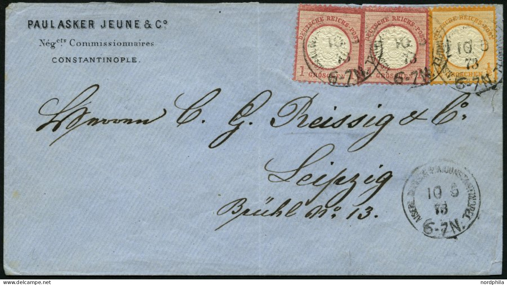 DP TÜRKEI V 18,19 BRIEF, 10.5.1873, 1/2 Gr. Und 2x 1 Gr. Großer Brustschild Auf Brief über VARNA-DONAU Nach Leipzig, Rüc - Turquia (oficinas)