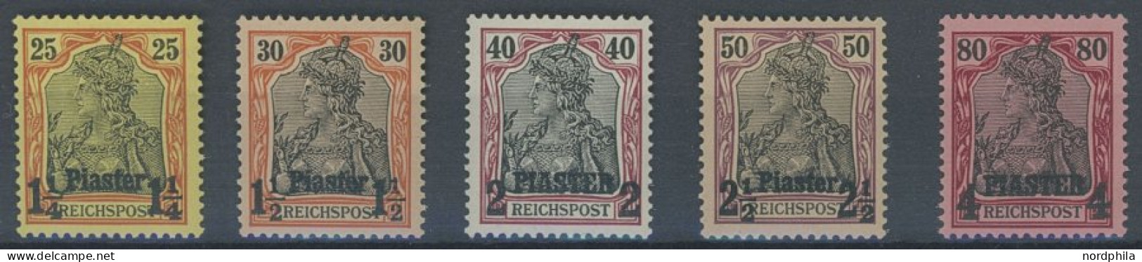 DP TÜRKEI I-V , 1902, Nicht Ausgegeben: 11/4 Pia. Auf 25 Pf. - 4 PIA Auf 80 Pf., Postfrisch, 5 Prachtwerte, Mi. 3750.- - Deutsche Post In Der Türkei