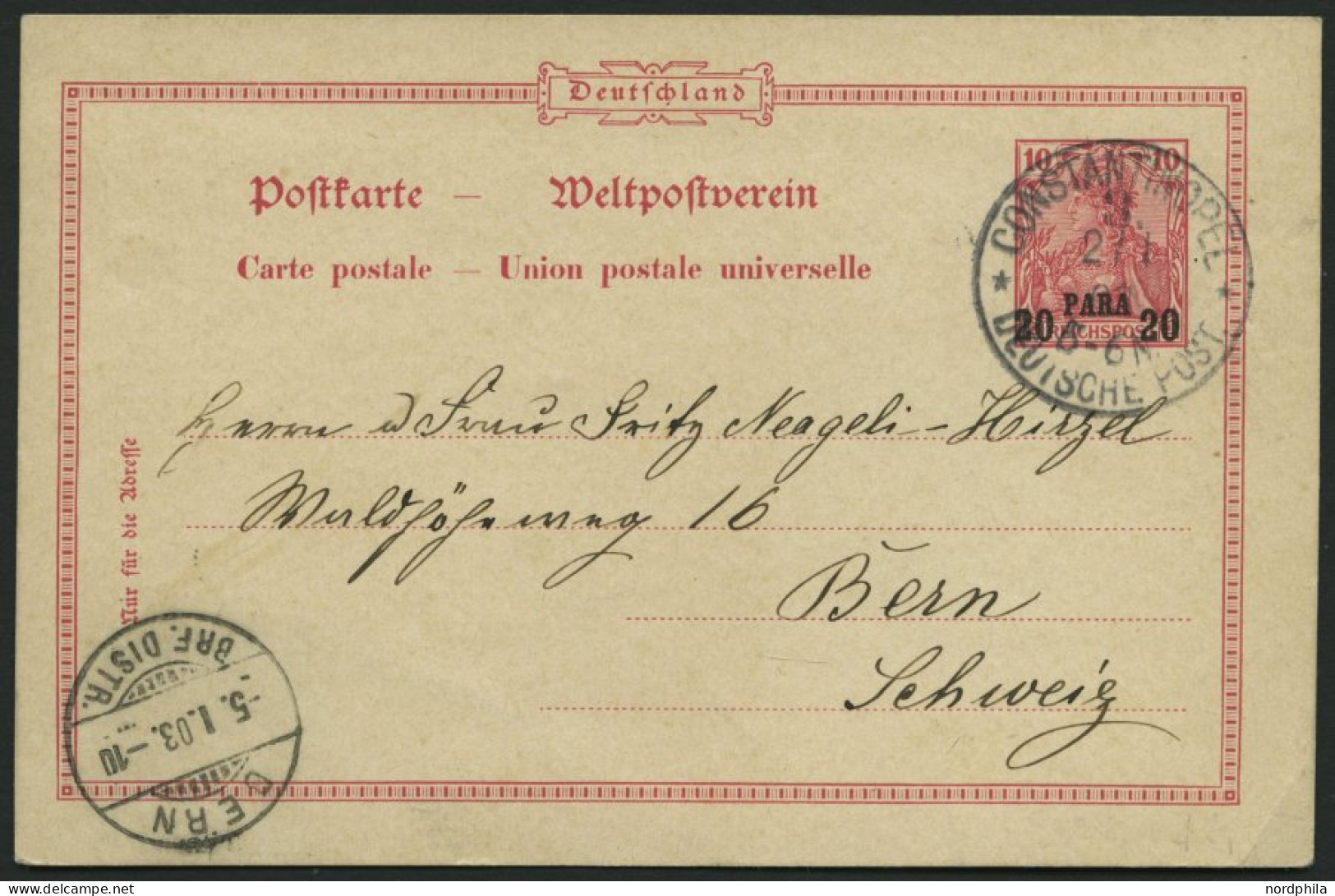 DP TÜRKEI P 7 BRIEF, 1900, 20 PARA Auf 10 Pf. Reichspost Stempel CONSTANTINOPEL 3 , Prachtkarte In Die Schweiz - Turquia (oficinas)