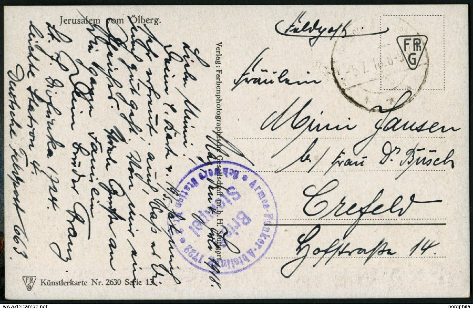 DP TÜRKEI 1918, Feldpoststation NAZARETH Auf Feldpost-Ansichtskarte, Violetter Briefstempel Armee-Funker-Abteilung 1722, - Turkse Rijk (kantoren)