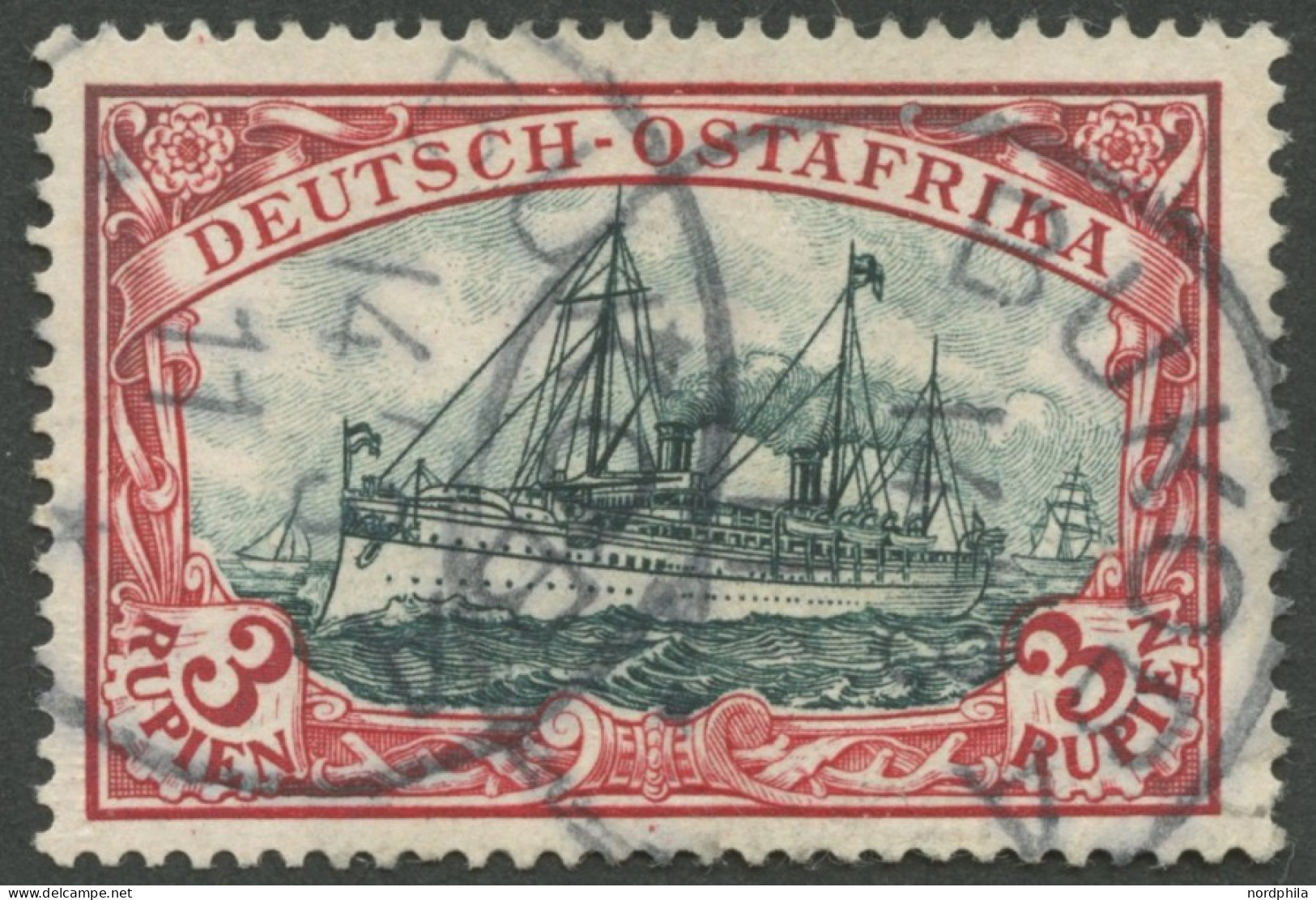 DEUTSCH-OSTAFRIKA 21bI O, 1901, 3 R. Dunkelrot/grünschwarz, Ohne Wz., Mit Plattenfehler Rahmenzeichnung Type III Und Mit - German East Africa