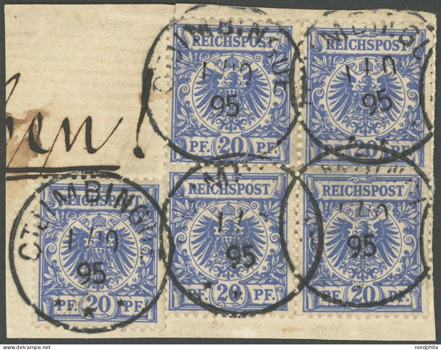 DSWA VS 48d Paar BrfStk, 1895, 20 Pf. Ultramarin, 5-mal Auf Briefstück (dabei 2 Waagerechte Paare) Mit Stempel OTJIMBING - German South West Africa