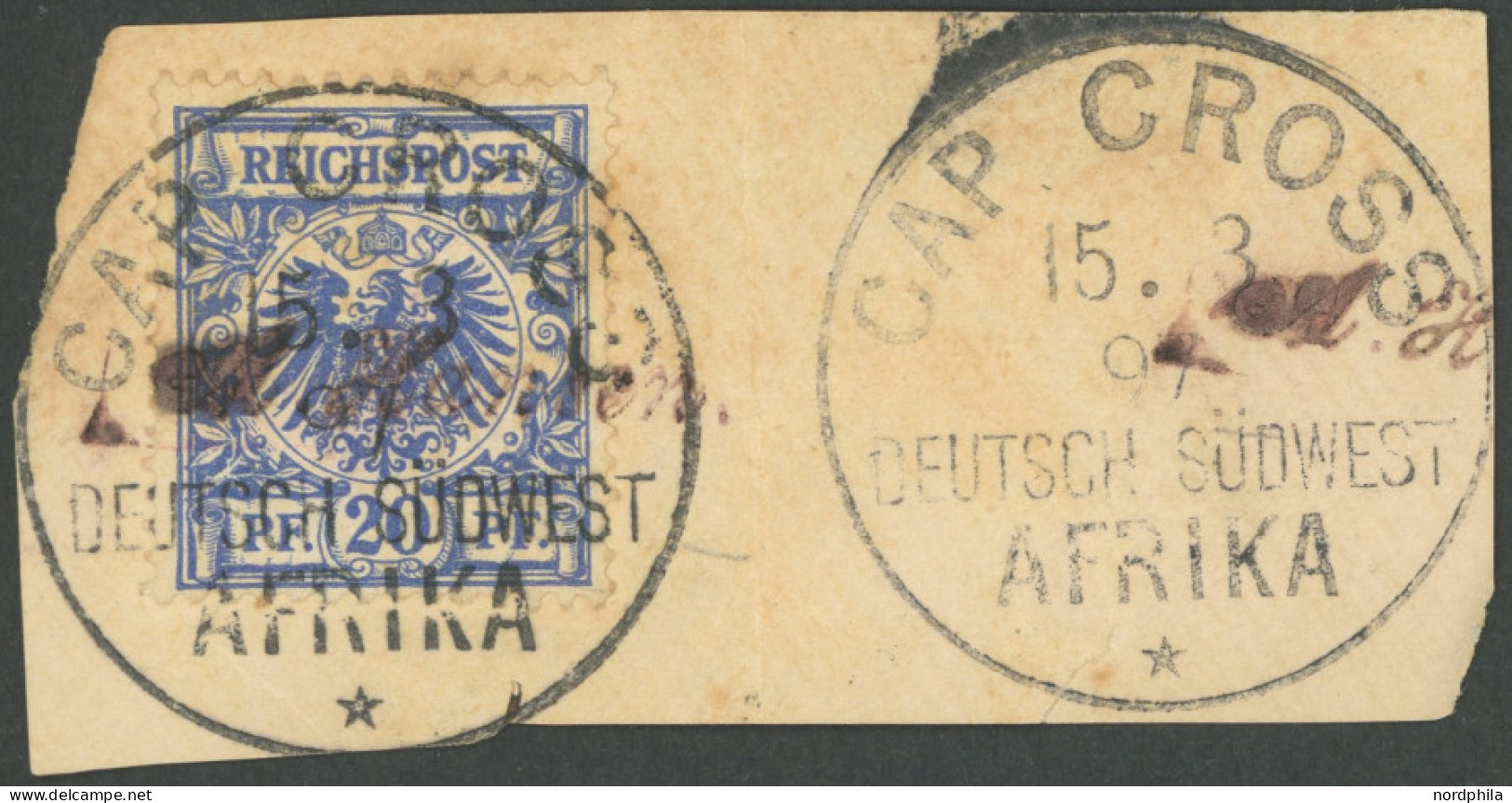DSWA VS 48d BrfStk, 1897, 20 Pf. Violettultramarin Mit Stempel CAP CROSS Auf Briefstück, Fleckig, Fein - Duits-Zuidwest-Afrika