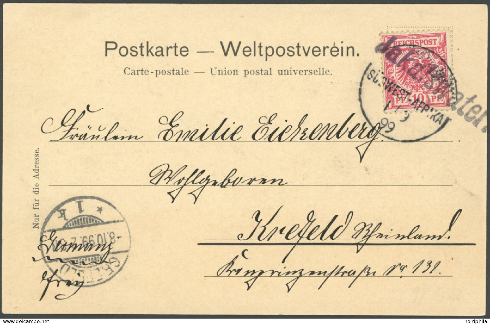 DSWA M 47d BRIEF, 1899, 10 Pf. Lebhaftlilarot Mit Wanderstempel JAKALWATER Auf Ansichtskarte Nach Krefeld, Pracht, R! - África Del Sudoeste Alemana