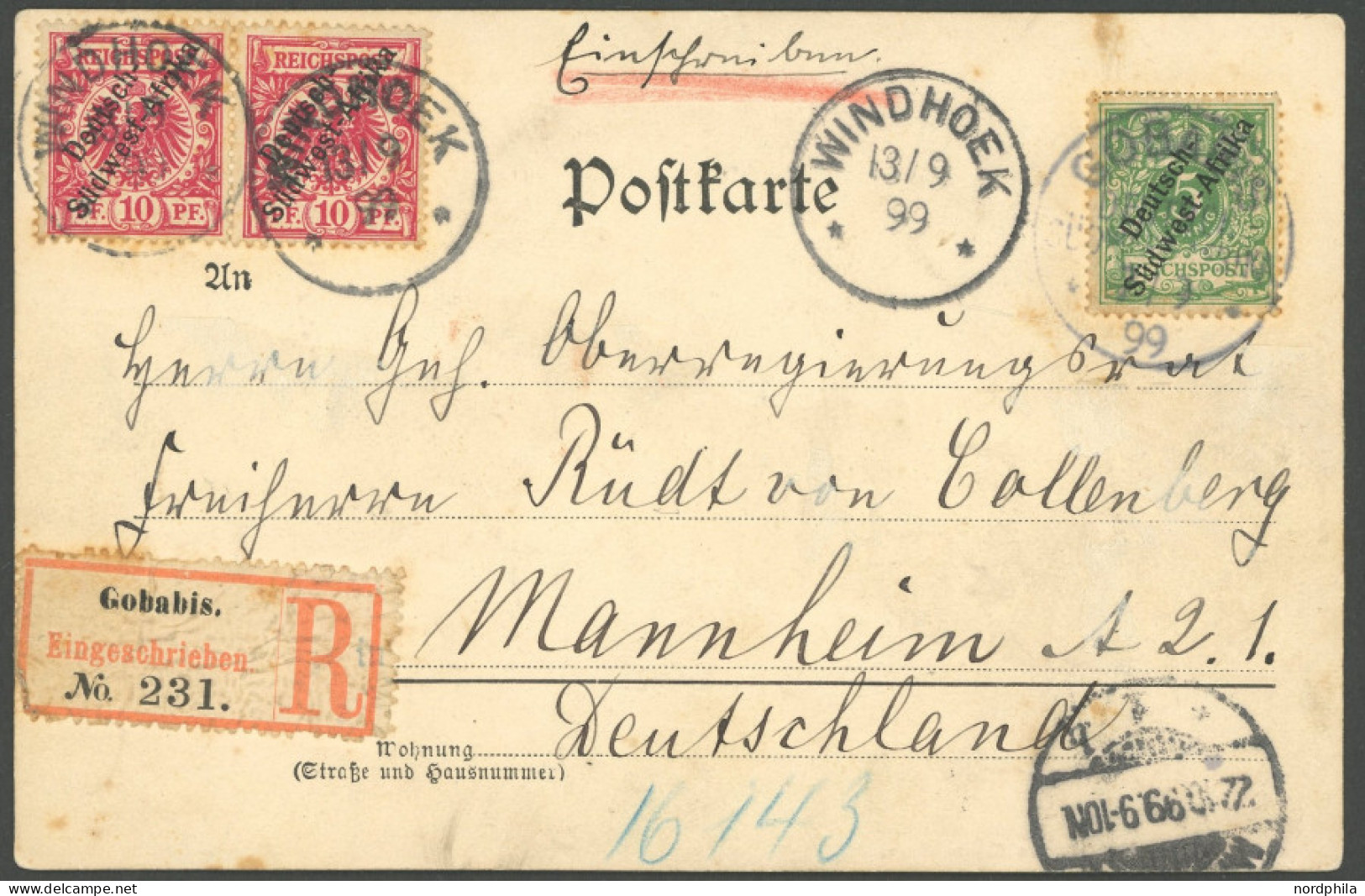 DSWA 2,3 BRIEF, 1899, Einschreib-Ansichtskarte Aus GOBABIS Vom 5.9.99 Mit 5 Pf, Grün, Zusätzlich 2-mal 10 Pf. Rot Mit St - Sud-Ouest Africain Allemand