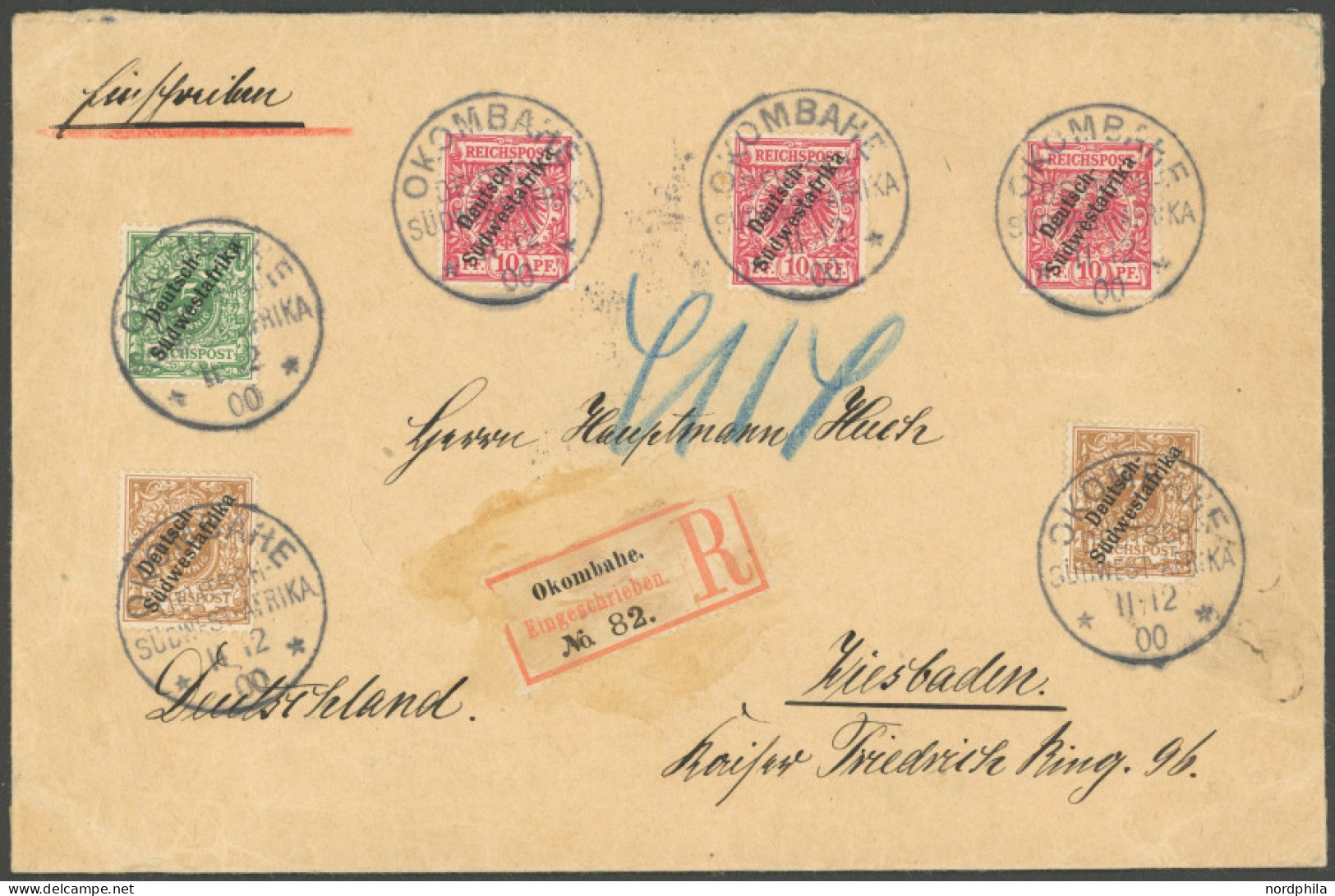 DSWA 5bI BRIEF, 1900, 3 Pf. Hellockerbraun Mit Plattenfehler Bruch Der Bandrolle Rechts Unten Und 5 Werten Zusatzfrankat - África Del Sudoeste Alemana