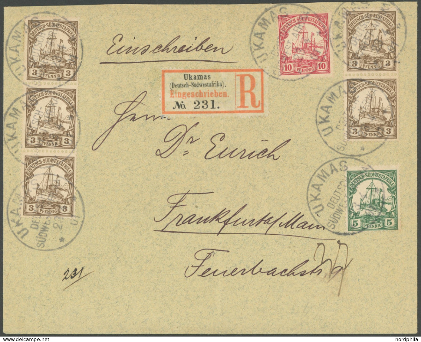 DSWA 11-13 BRIEF, 1901, 3 Pf. (5-mal) Mit 5 Und 10 Pf., Ohne Wz., Auf Portogerechtem Einschreibbrief Von UKAMAS Nach Fra - German South West Africa