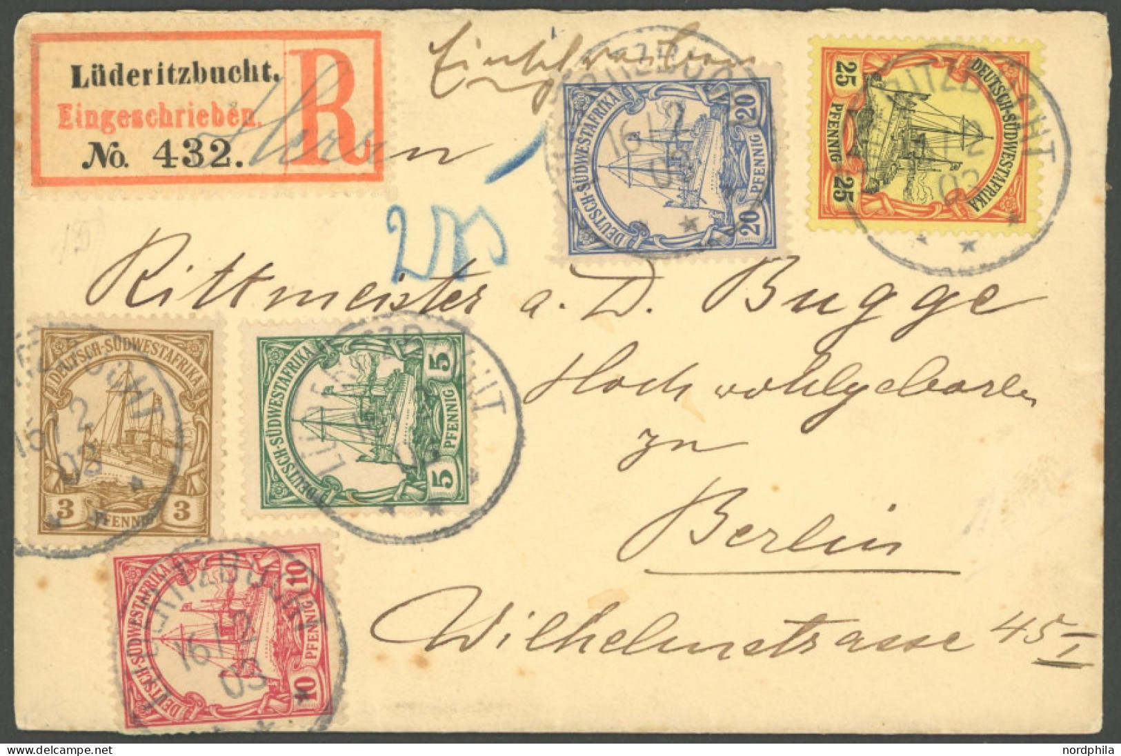 DSWA 11-15 BRIEF, 1903, Buntfrankatur Auf Kleinem Einschreibbrief Von LÜDERITZBUCHT Nach Berlin, Feinst - Sud-Ouest Africain Allemand