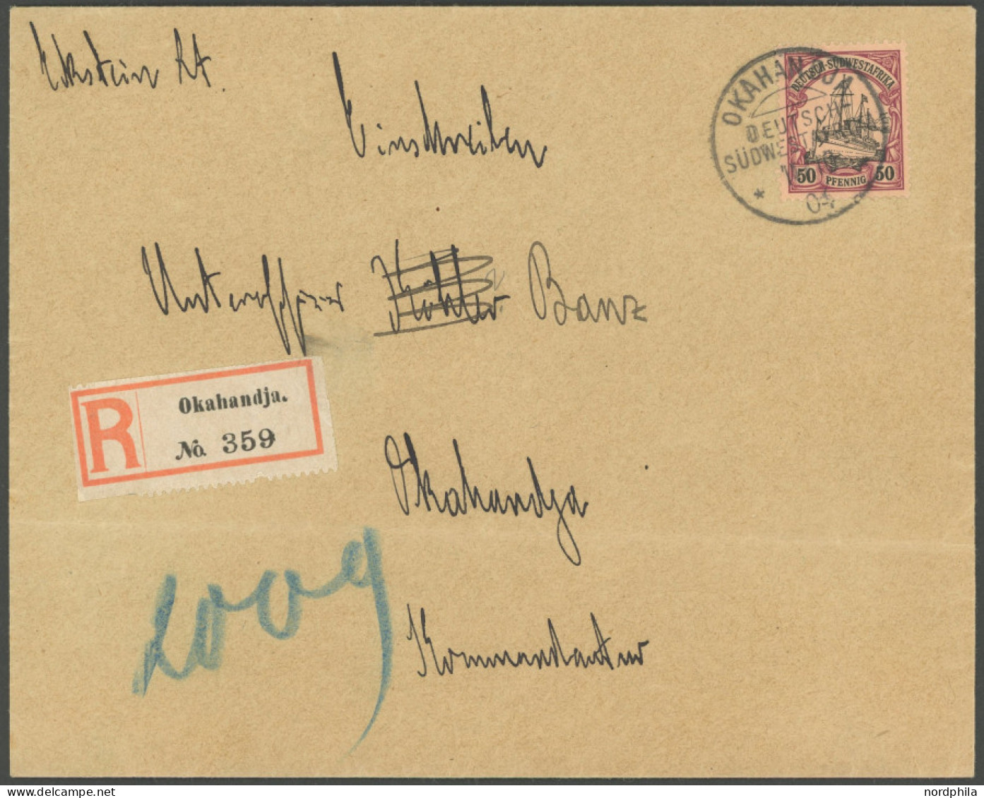 DSWA 18 BRIEF, 1904, 50 Pf. Dunkelbräunlichlila/rotschwarz, überfrankierte Einzelfrankatur Auf Orts-Einschreibbrief (waa - German South West Africa